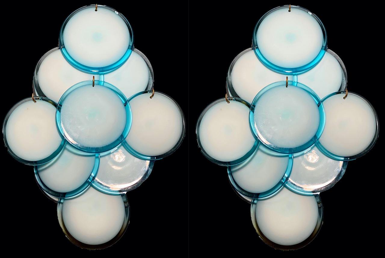 Coppia di lampadari a disco Vistosi di Murano in turchese blu, anni '70 in vendita 3