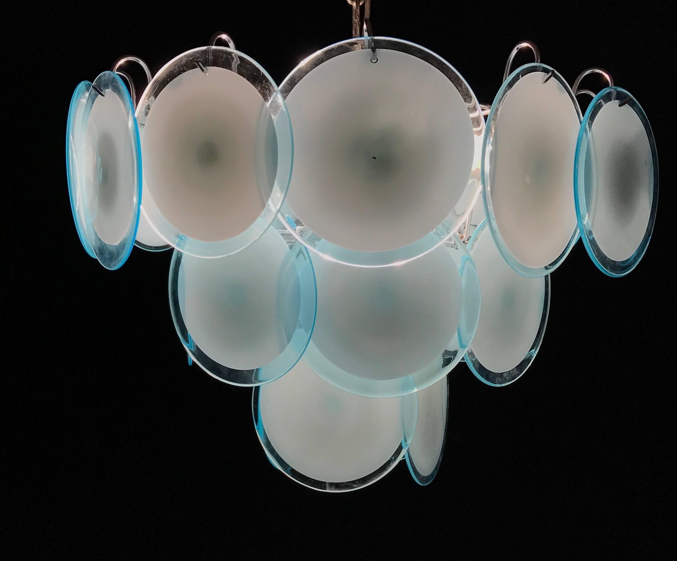 Pair of Blue Turquoise Vistosi Disc Murano Chandelier, 1970s In Excellent Condition For Sale In Rome, IT
