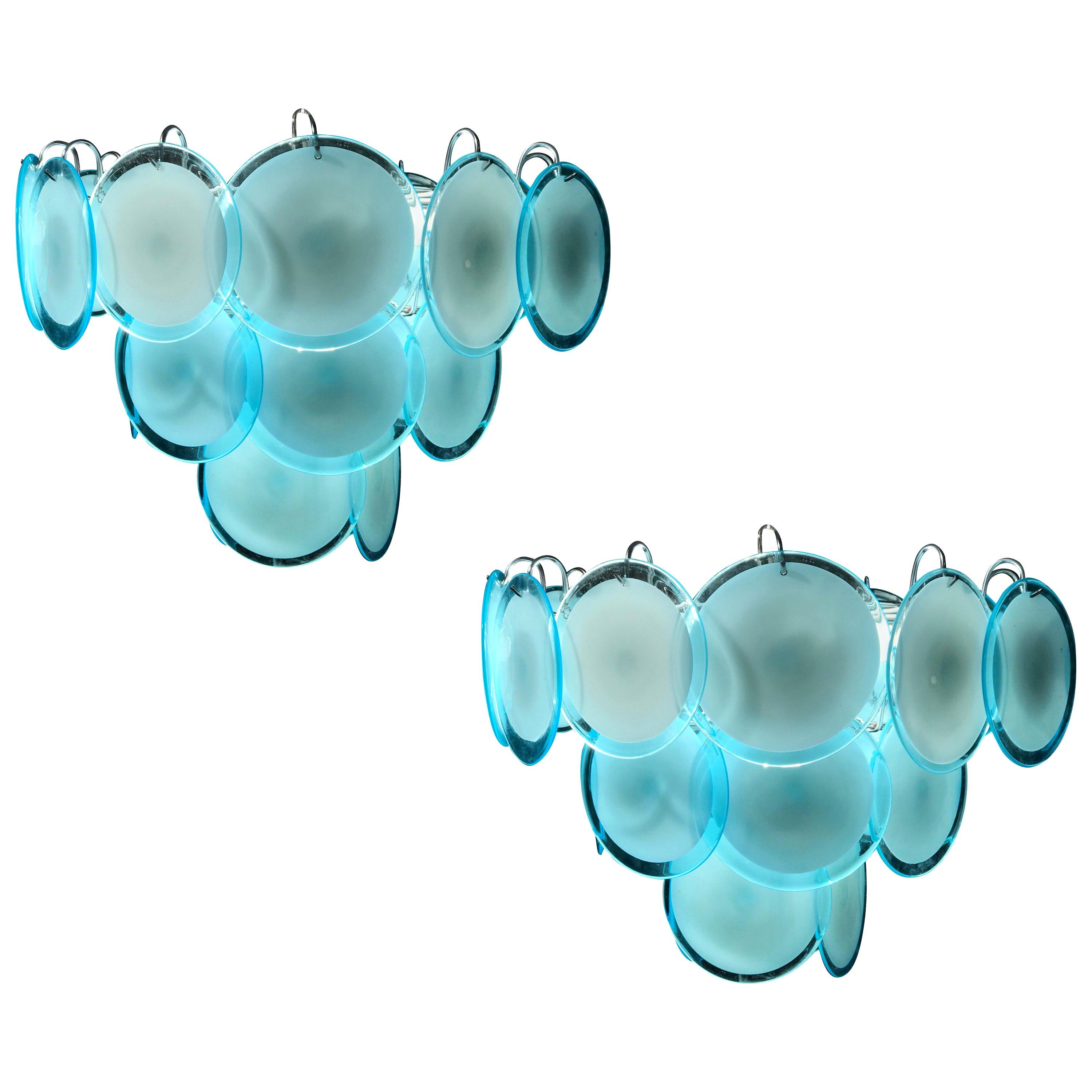 Pair of Blue Turquoise Vistosi Disc Murano Chandelier, 1970s For Sale