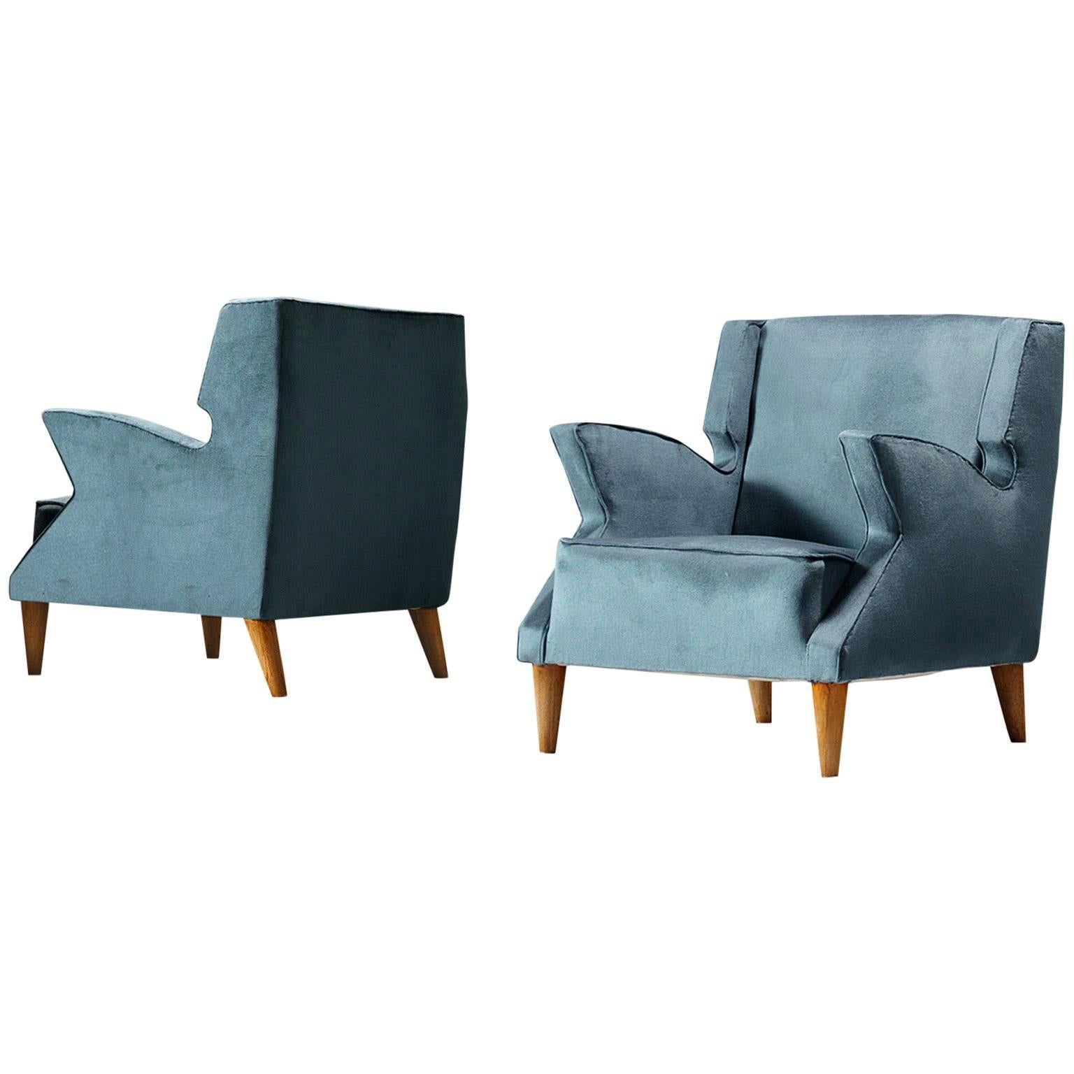 Pair of Blue Upholstered Italian Armchairs