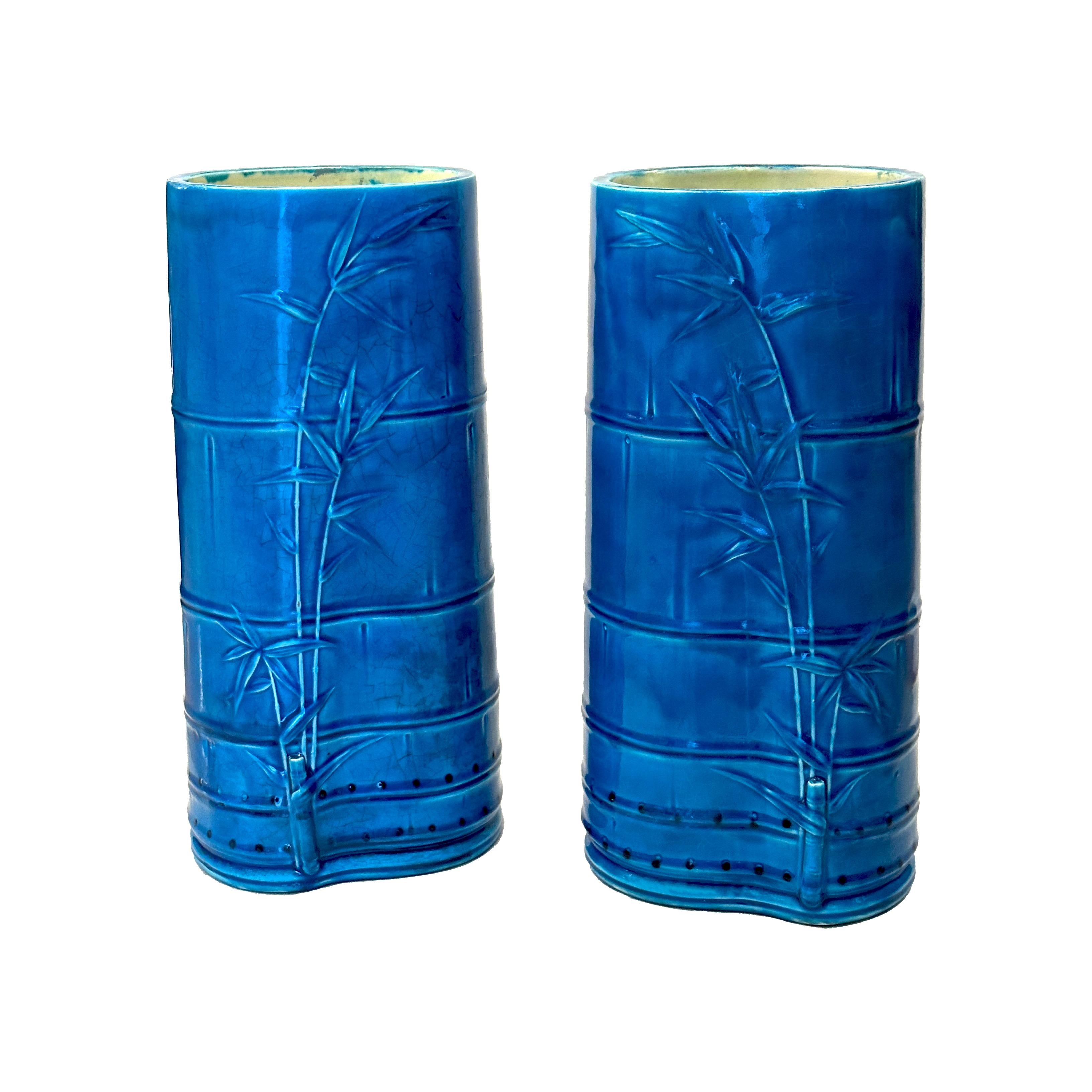 Arts and Crafts Pair Turquoise Vase Christopher Dresser Minton Bamboo Design circa 1879 For Sale