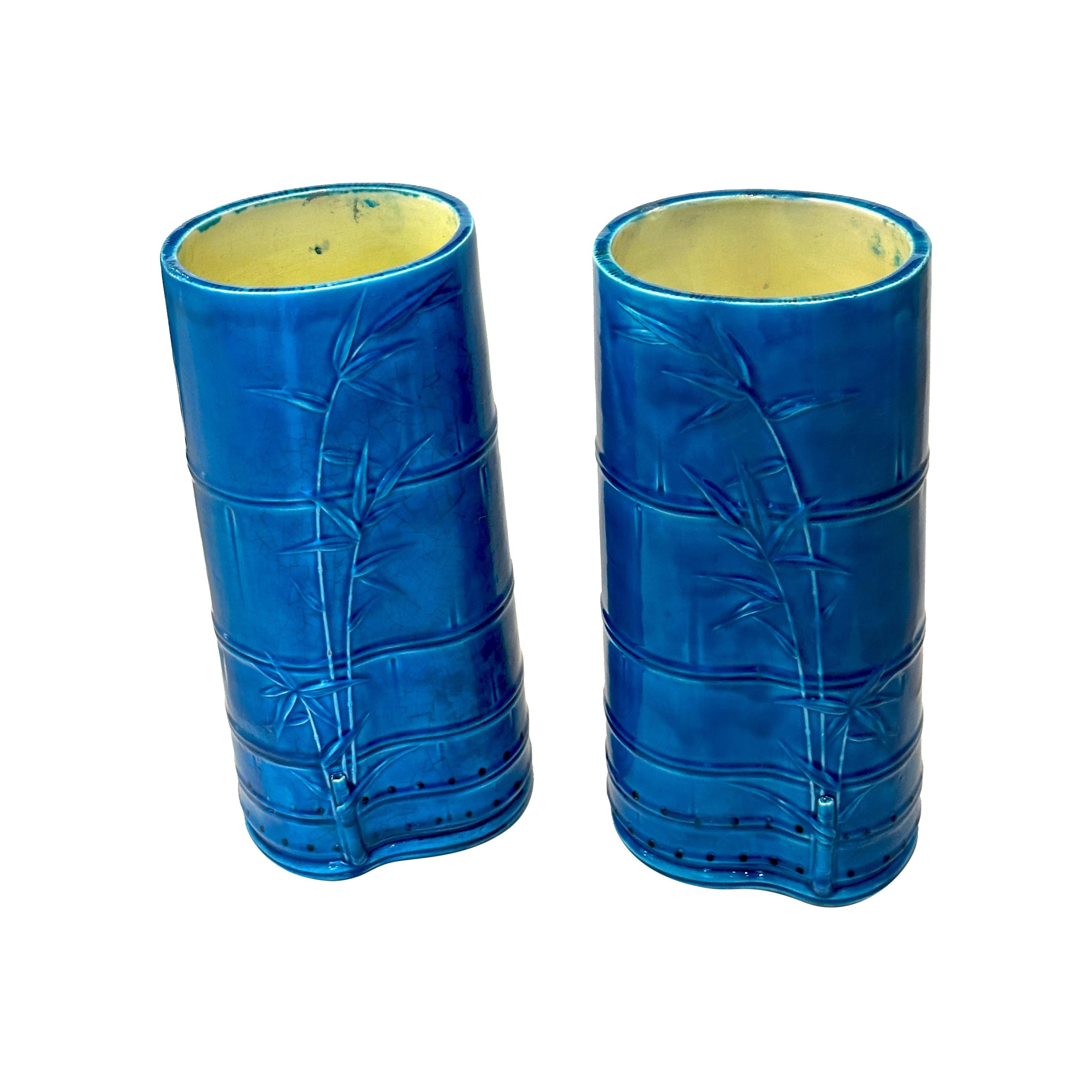 English Pair Turquoise Vase Christopher Dresser Minton Bamboo Design circa 1879 For Sale