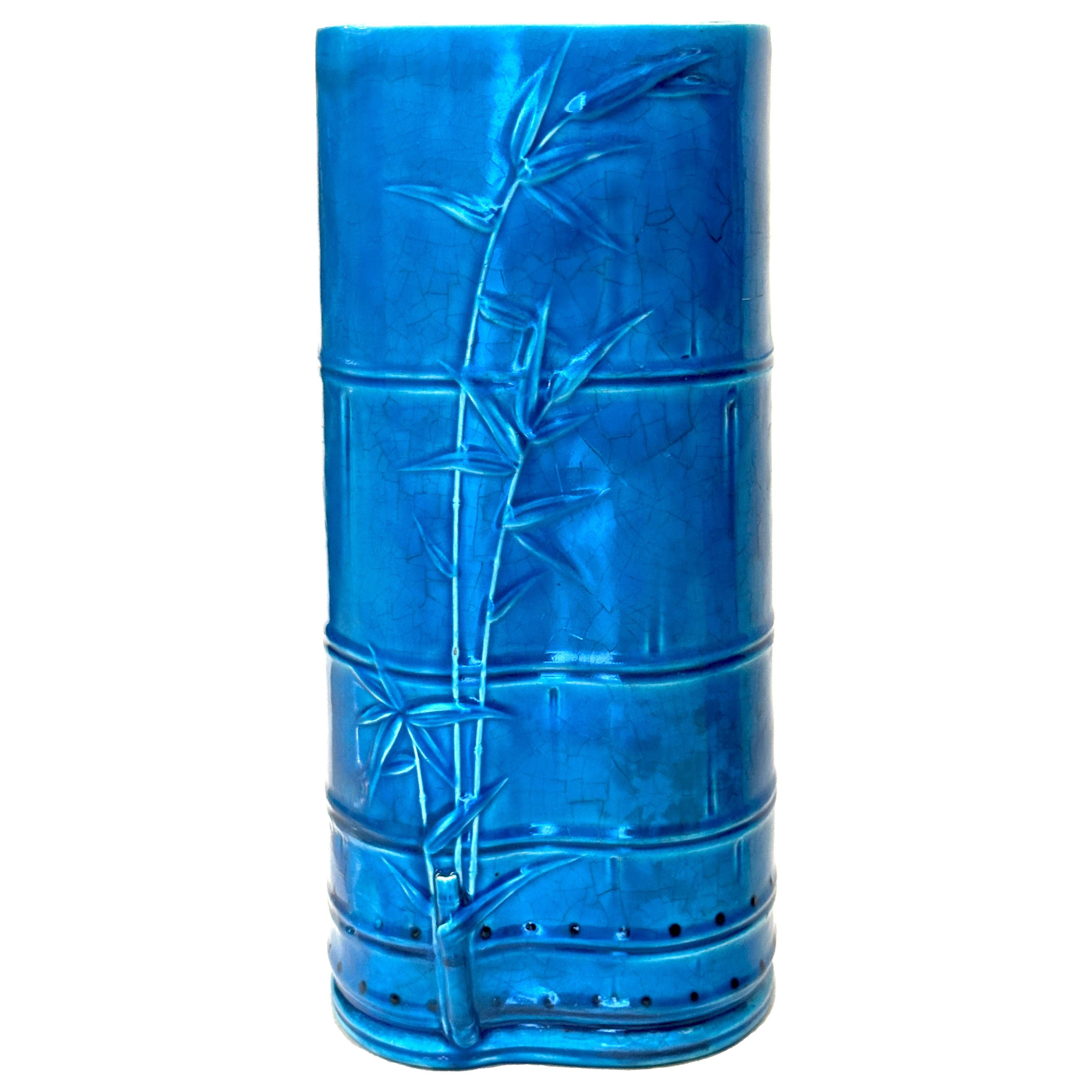Ceramic Pair Turquoise Vase Christopher Dresser Minton Bamboo Design circa 1879 For Sale