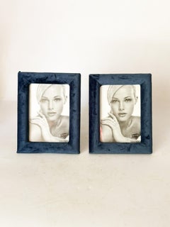 Pair of blue velvet and glass frames, France, 1990