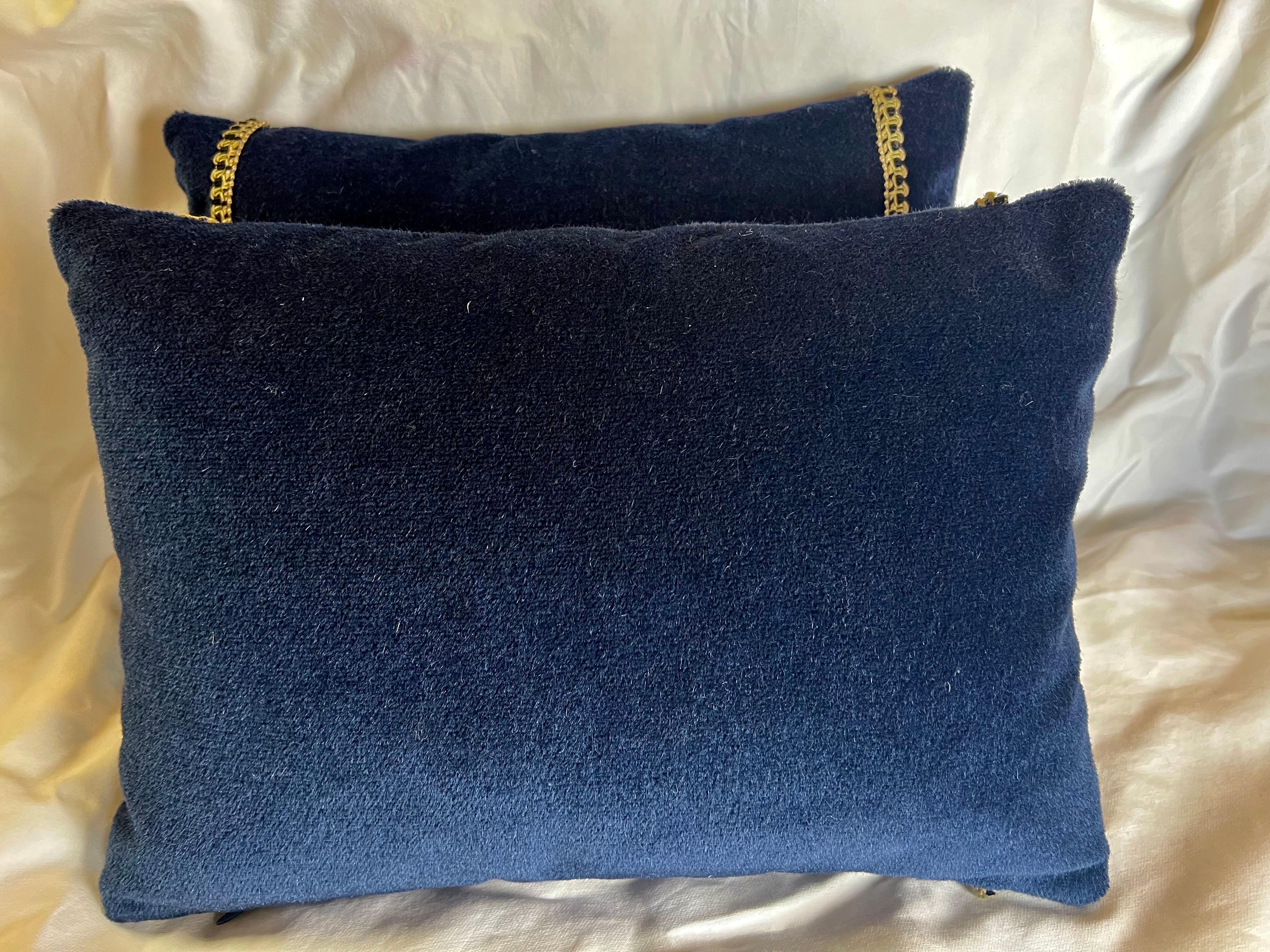 Appliqué Pair of Blue Velvet Appliqued Pillows by Melissa Levinson For Sale