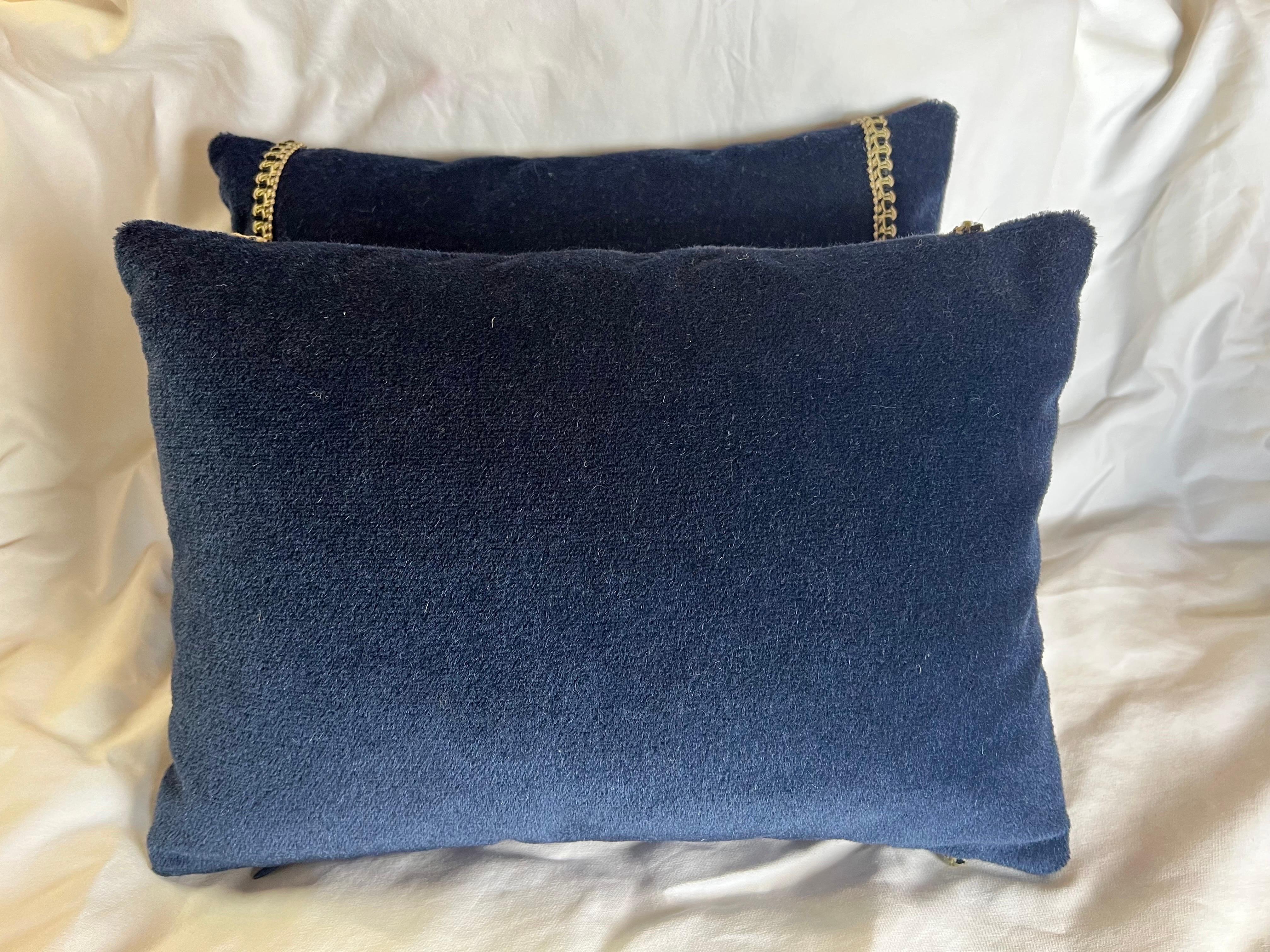 Pair of Blue Velvet Appliqued Pillows by Melissa Levinson In Good Condition For Sale In Los Angeles, CA