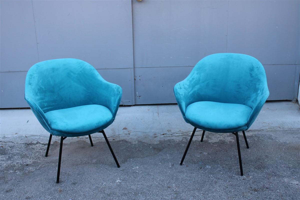 Pair of Blue Velvet Armchairs Mid-Century Italian Design Saporiti Augusto Bozzi For Sale 4