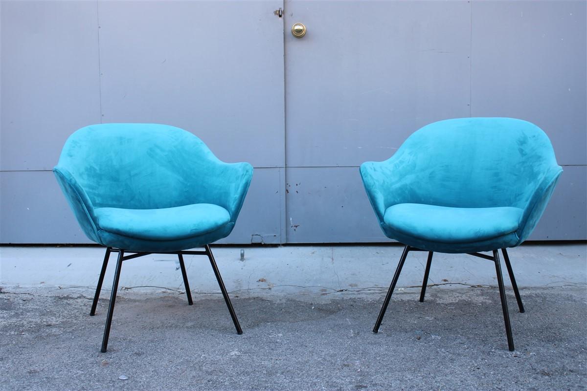 Pair of blue velvet armchairs mid-century Italian design Saporiti Augusto Bozzi style.