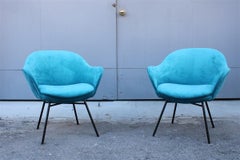 Pair of Blue Velvet Armchairs Mid-Century Italian Design Saporiti Augusto Bozzi