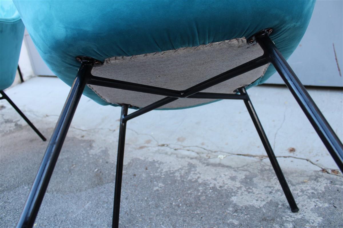 Iron Pair of Blue Velvet Armchairs Mid-Century Italian Design Saporiti Augusto Bozzi For Sale