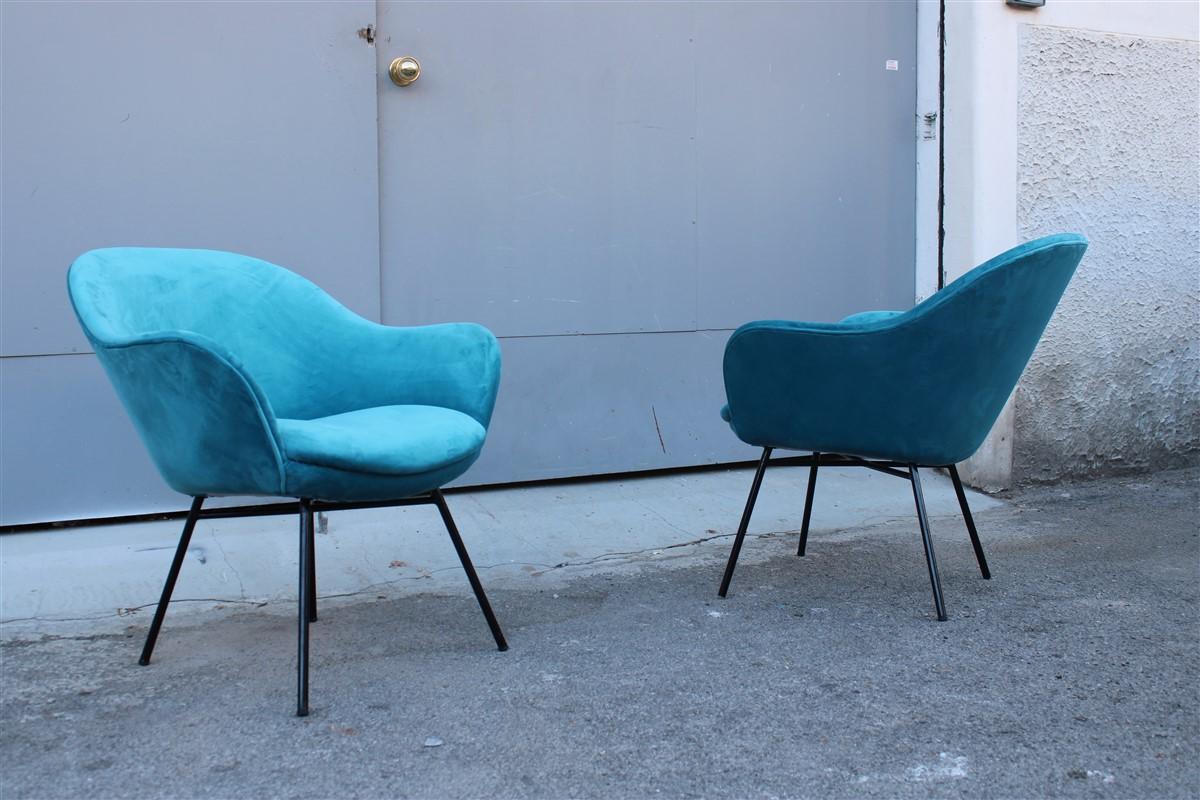Pair of Blue Velvet Armchairs Mid-Century Italian Design Saporiti Augusto Bozzi For Sale 1