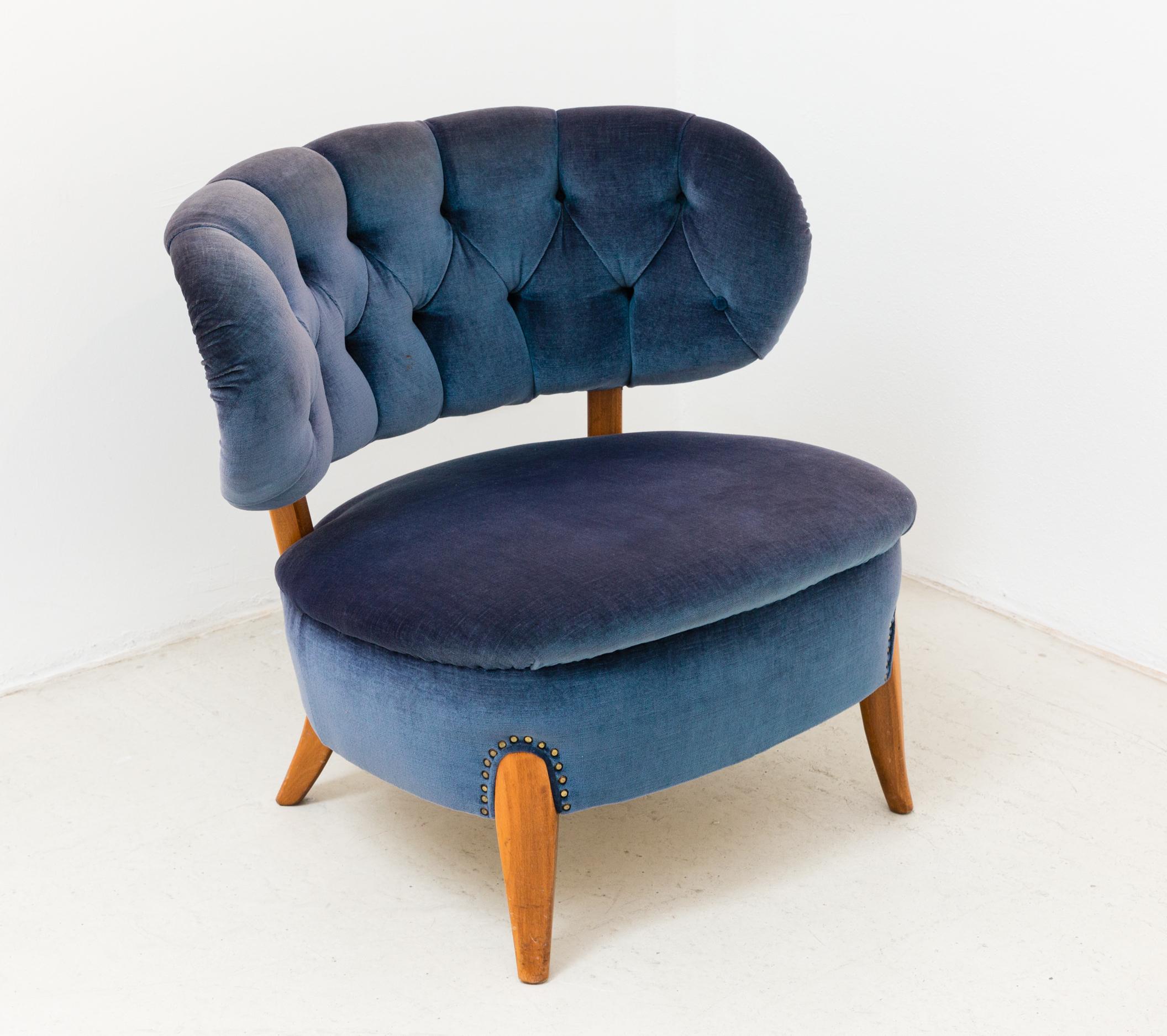 Mid-Century Modern Pair of Blue Velvet Easy Chairs by Otto Schulz For Sale