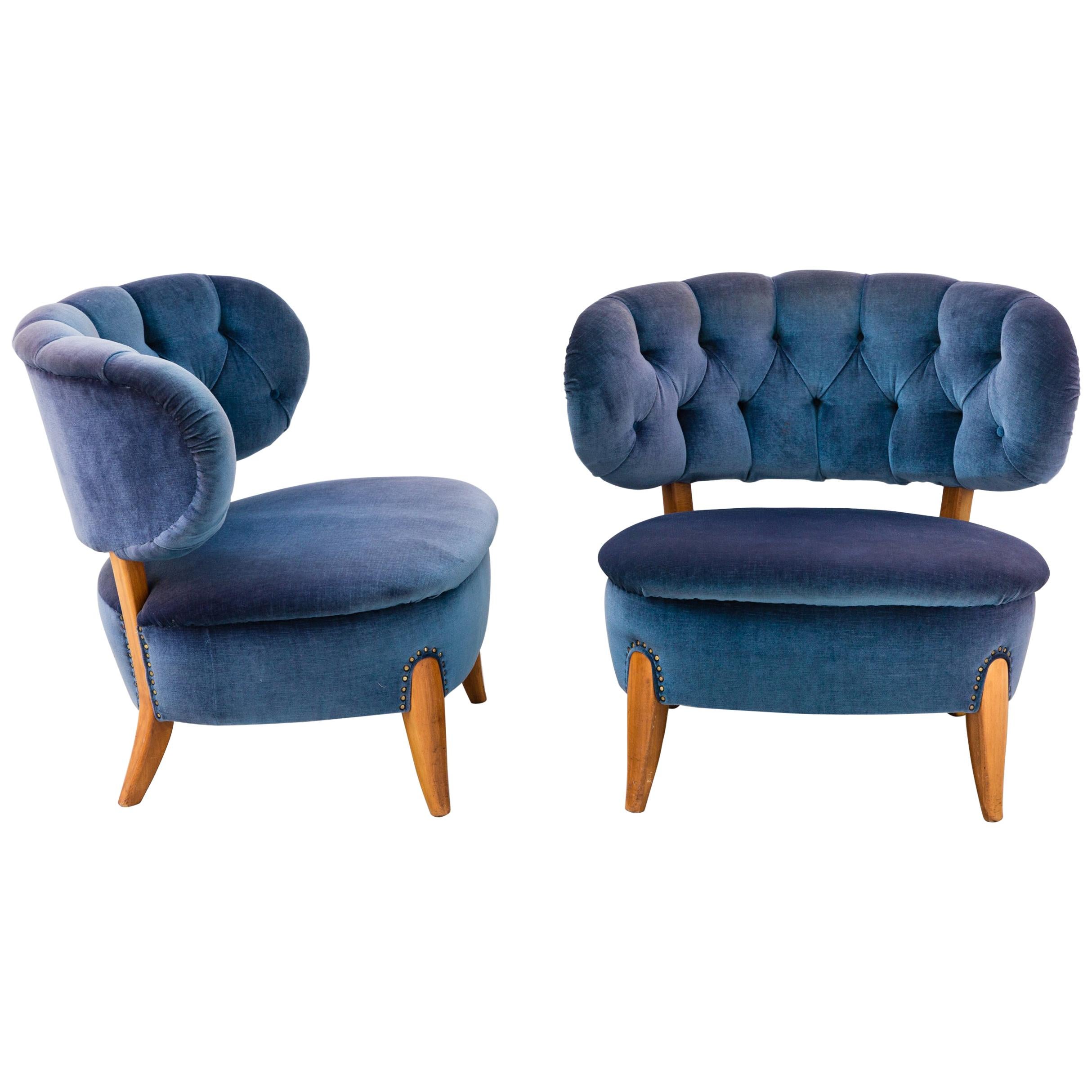 Pair of Blue Velvet Easy Chairs by Otto Schulz For Sale