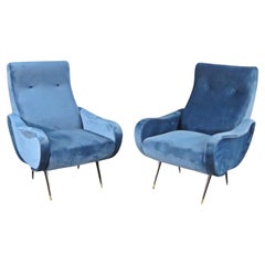 Pair of Blue Velvet Mid Century Modern Zanuso Style Bergere Armchairs 