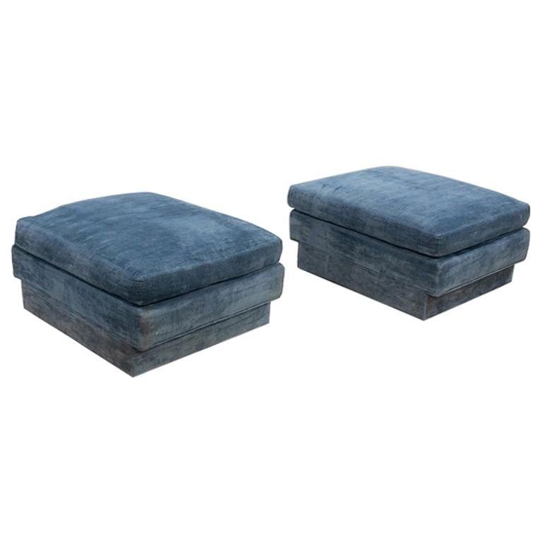 Pair of Large Blue Velvet Ottomans by Directional
