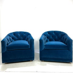 Pair of Blue Velvet Tufted Club Chairs (2 Pairs Available)