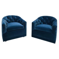 Pair of Blue Velvet Tufted Club Chairs (2 Pairs Available)