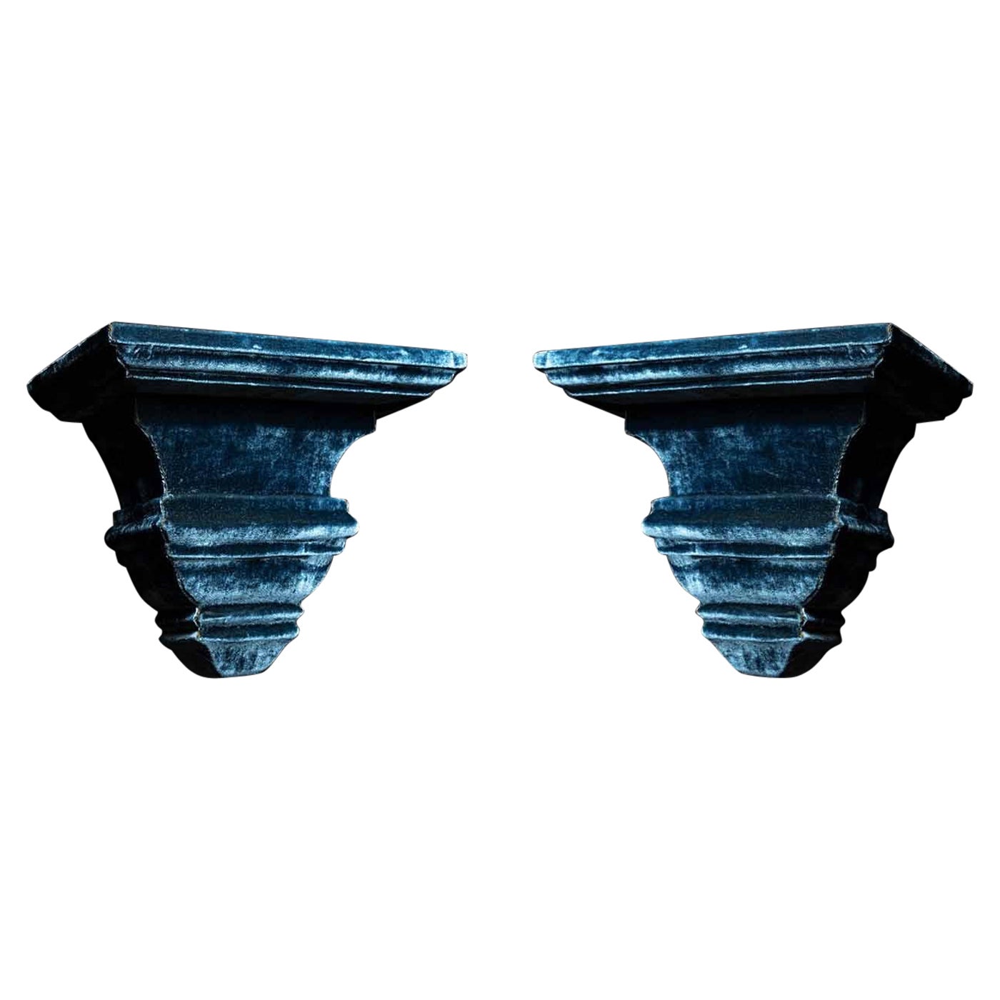 Pair of Blue Velvet Wall Shelves or Brackets
