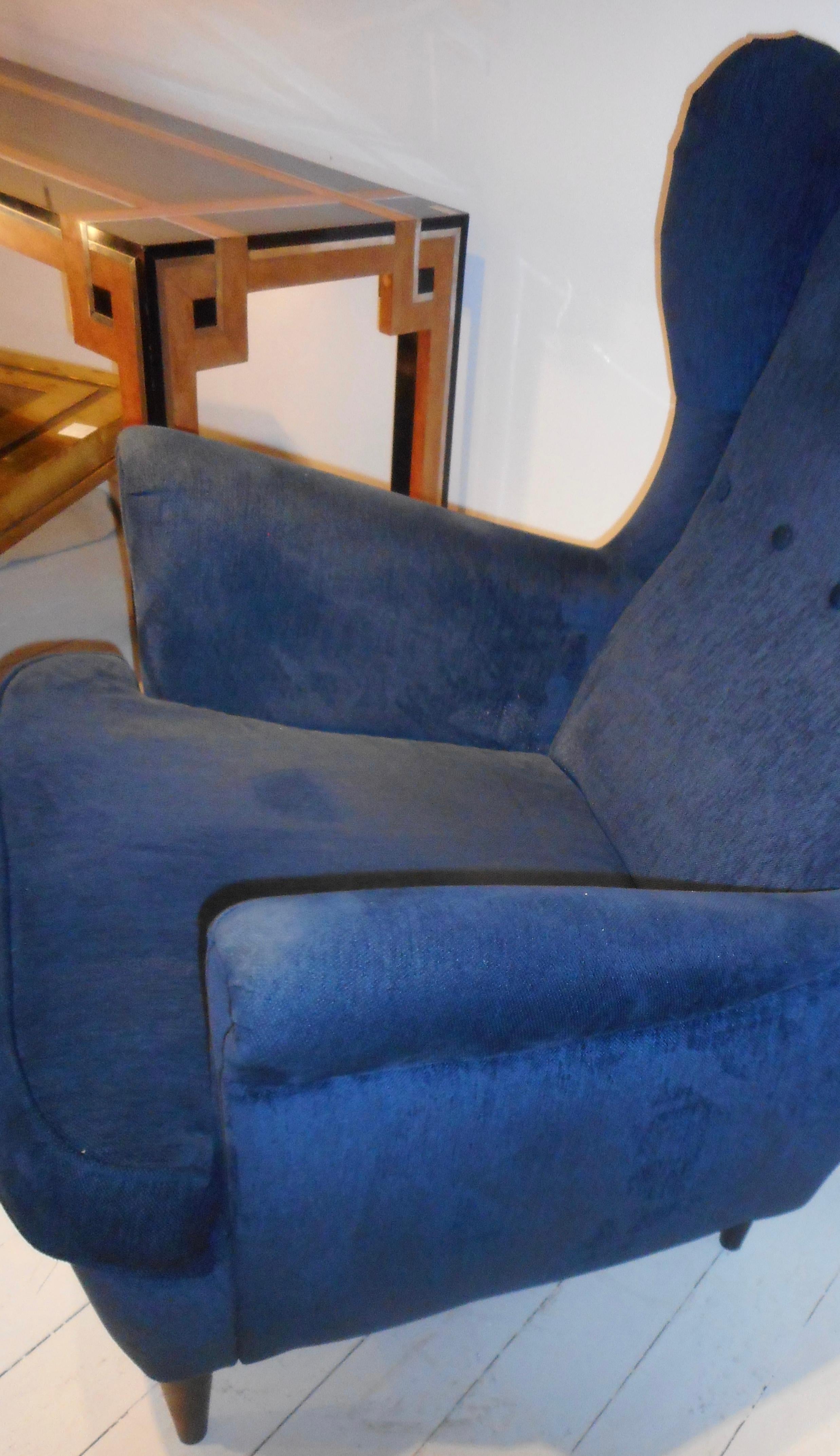 Pair of Blue Velvet Wingback Armchairs, Italy, 1950s In Good Condition In Brussels, BE
