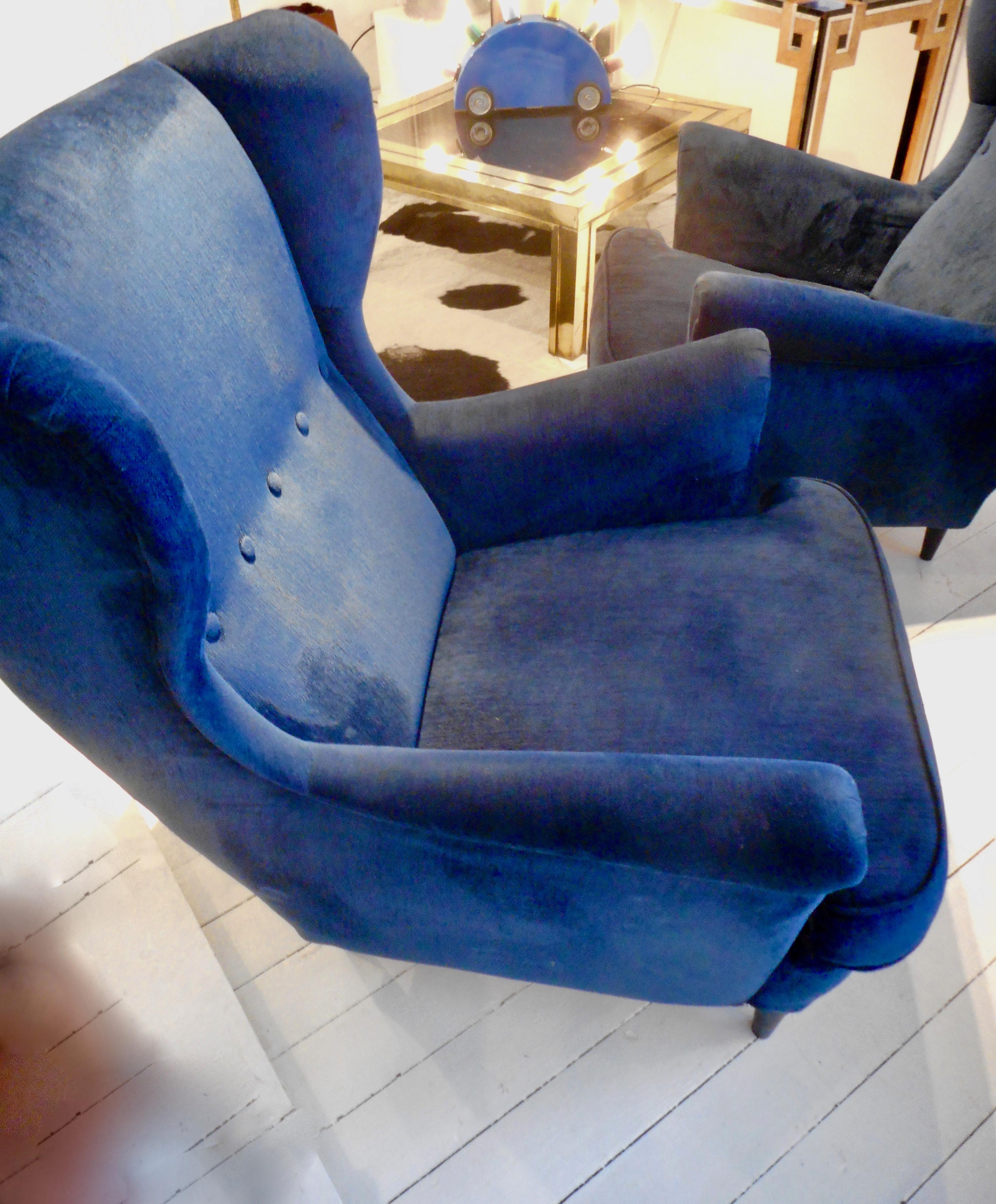 Pair of Blue Velvet Wingback Armchairs, Italy, 1950s 2