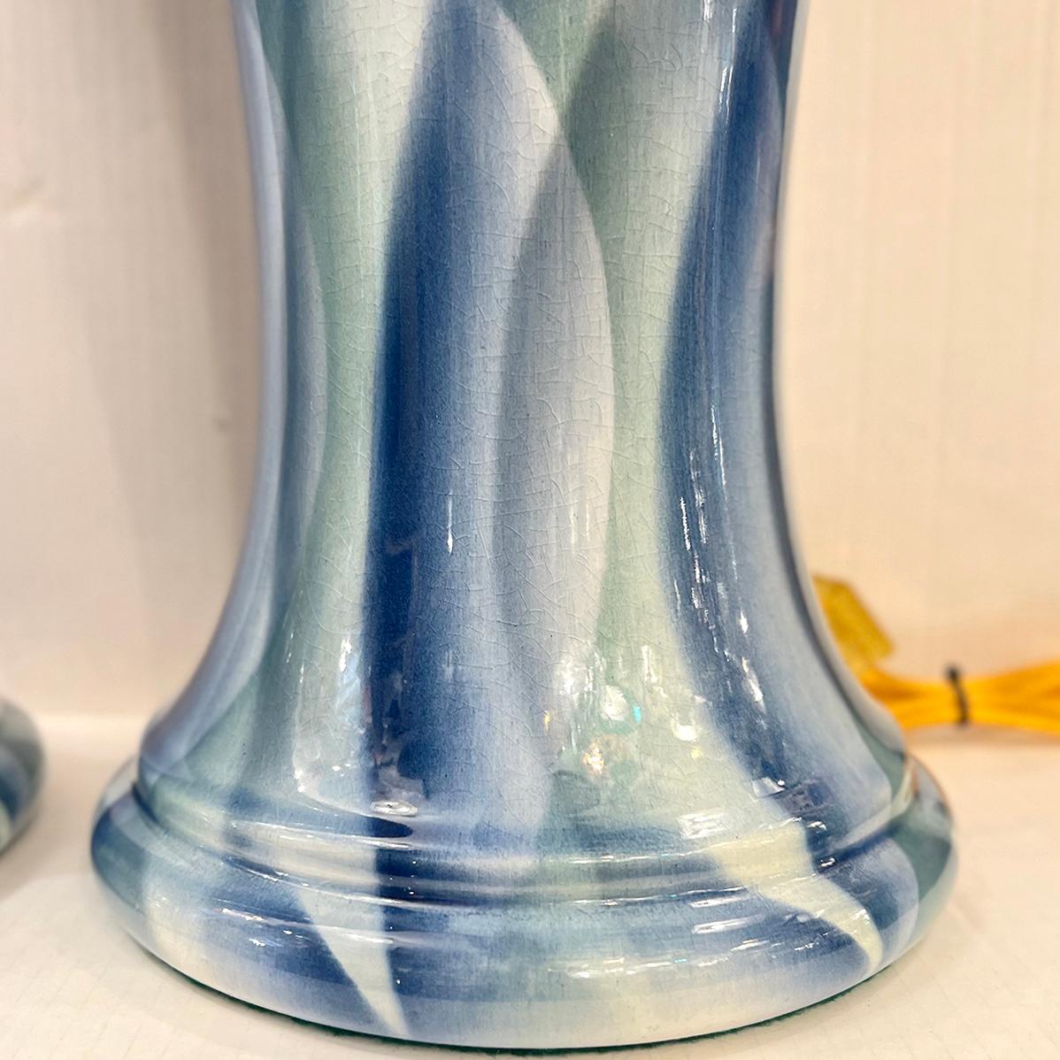 Gilt Pair of Blue Waves Porcelain lamps For Sale
