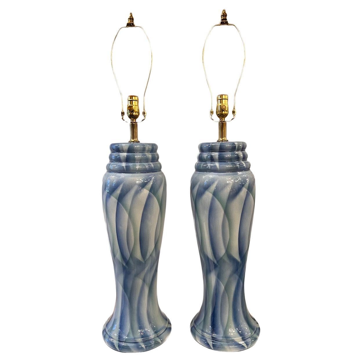 Pair of Blue Waves Porcelain lamps For Sale