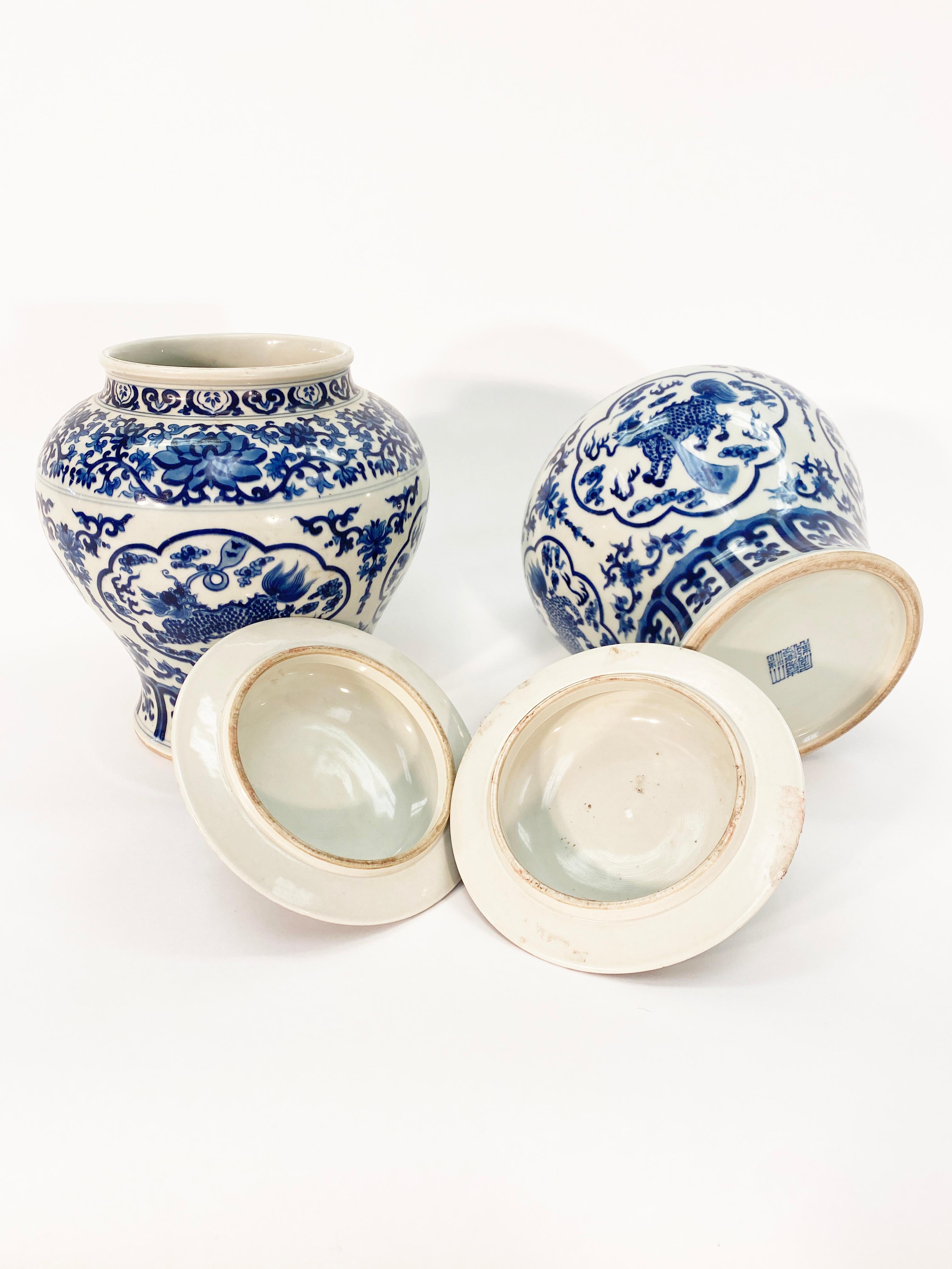 Hand-Painted Pair of Blue and White Chinese Ginger Jars