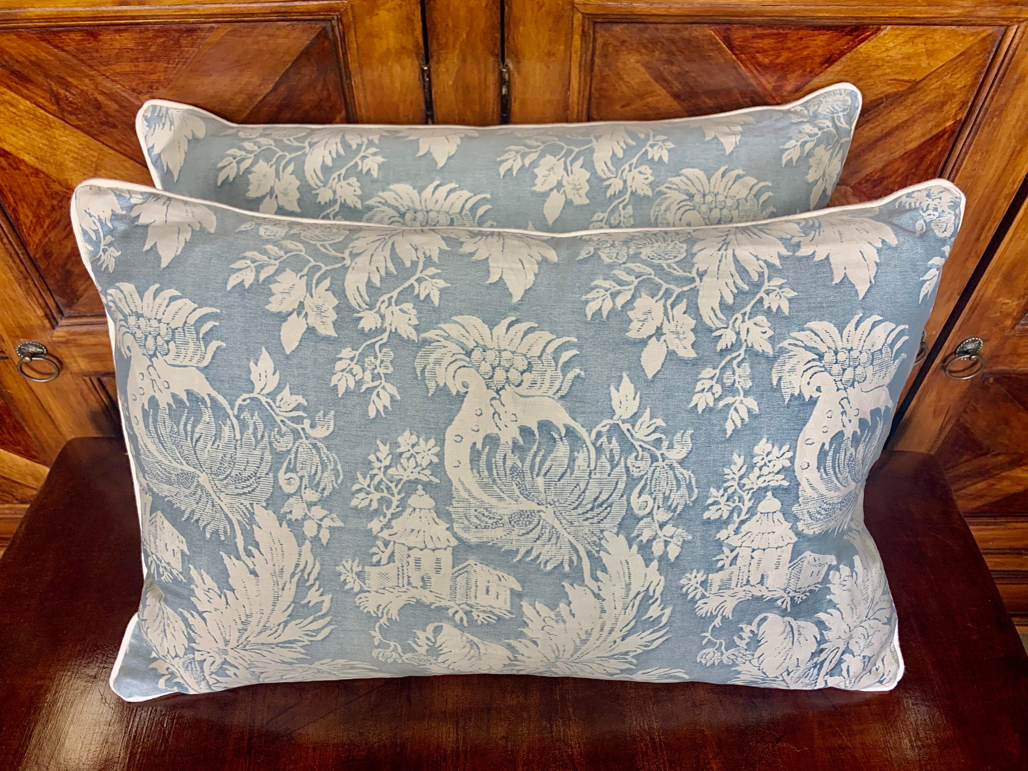 Pair of authentic blue & white Fortuny cotton pillows with contemporary white linen backs. Down filled inserts, sewn closed.