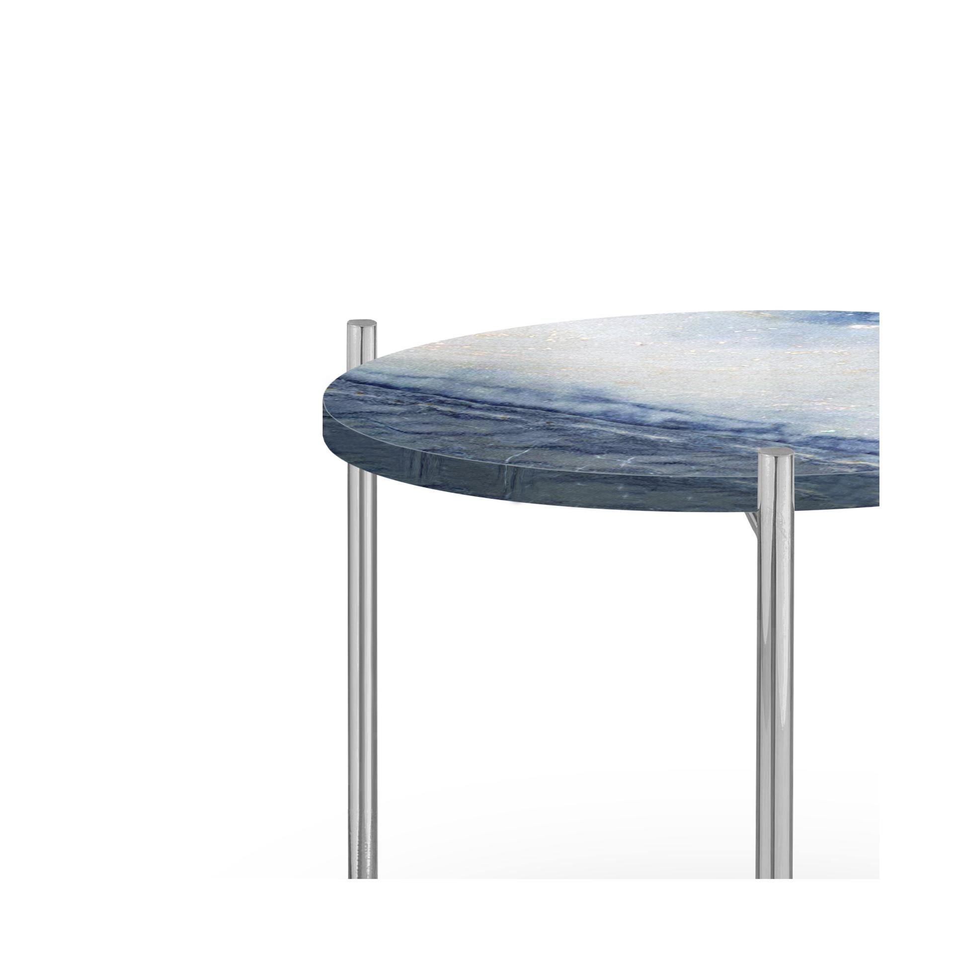 Portuguese Pair of Blue White Marble Stainless Steel Side Tables For Sale