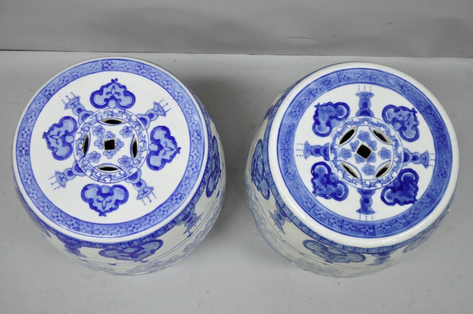 20th Century Pair of Blue & White Porcelain Chinese Oriental Drum Garden Seat Pedestal For Sale