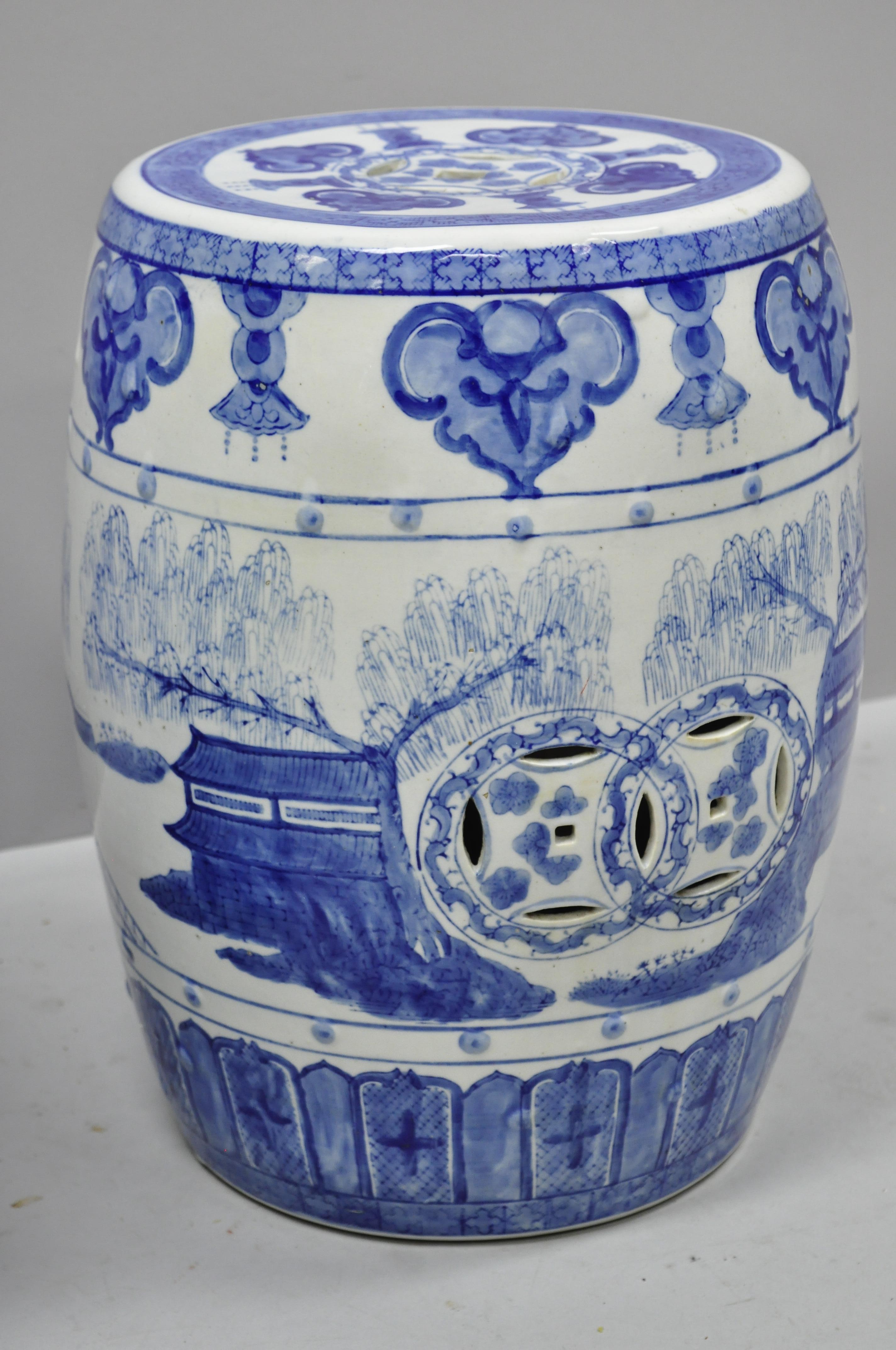 20th Century Pair of Blue and White Porcelain Chinese Oriental Drum Garden Seat Pedestal For Sale