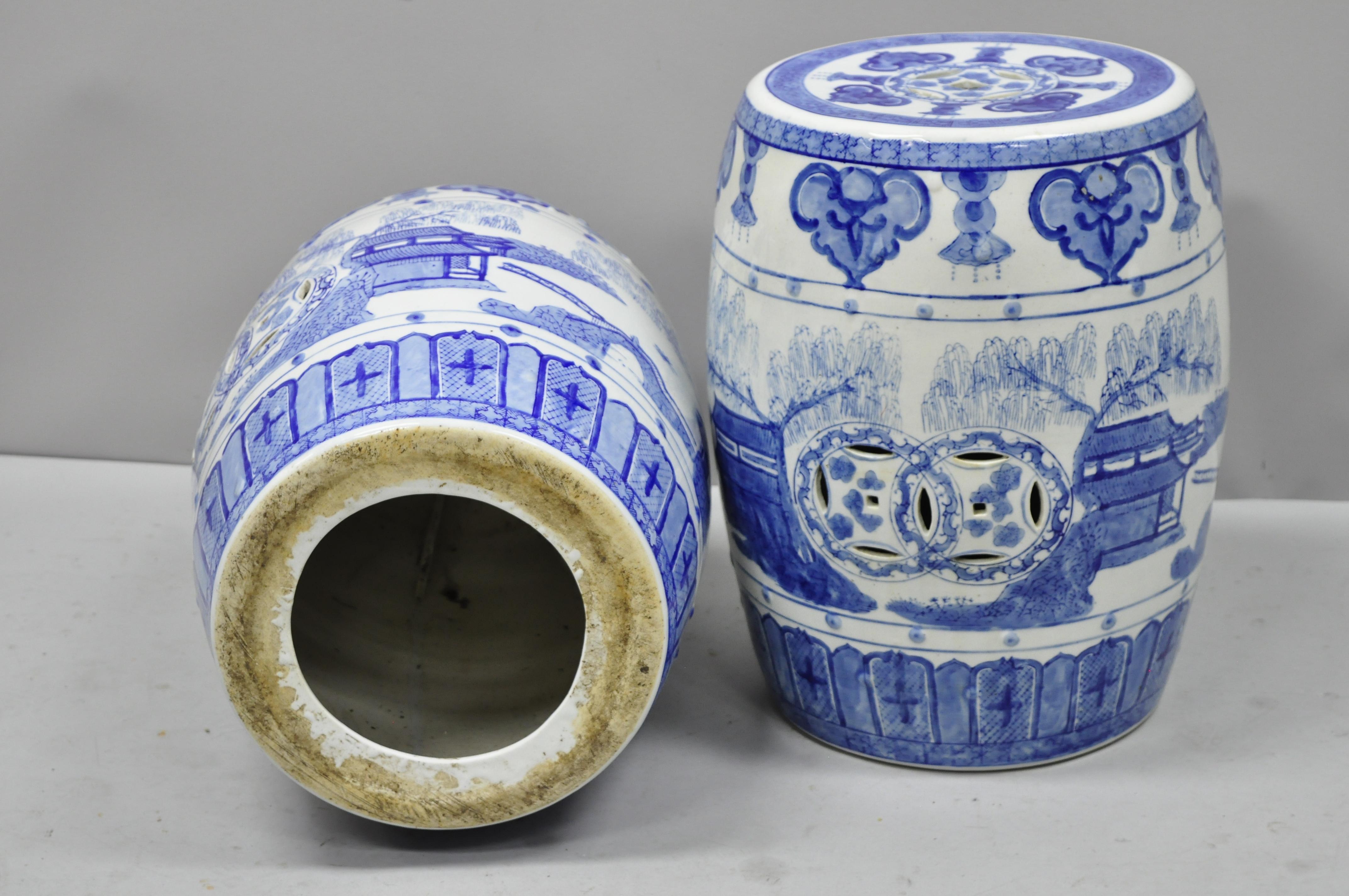 Chenille Pair of Blue and White Porcelain Chinese Oriental Drum Garden Seat Pedestal For Sale