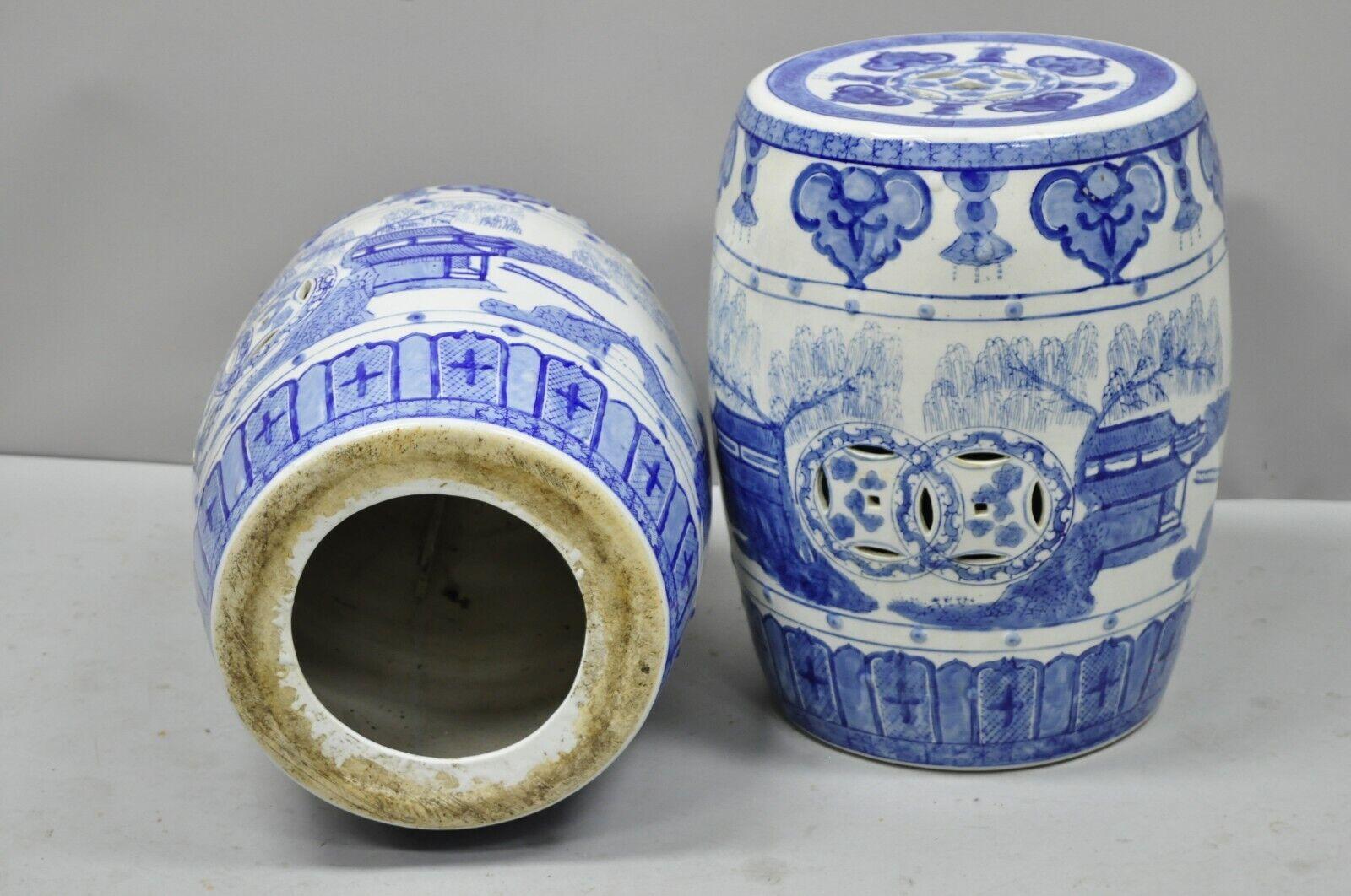 Pair of Blue & White Porcelain Chinese Oriental Drum Garden Seat Pedestal For Sale 4