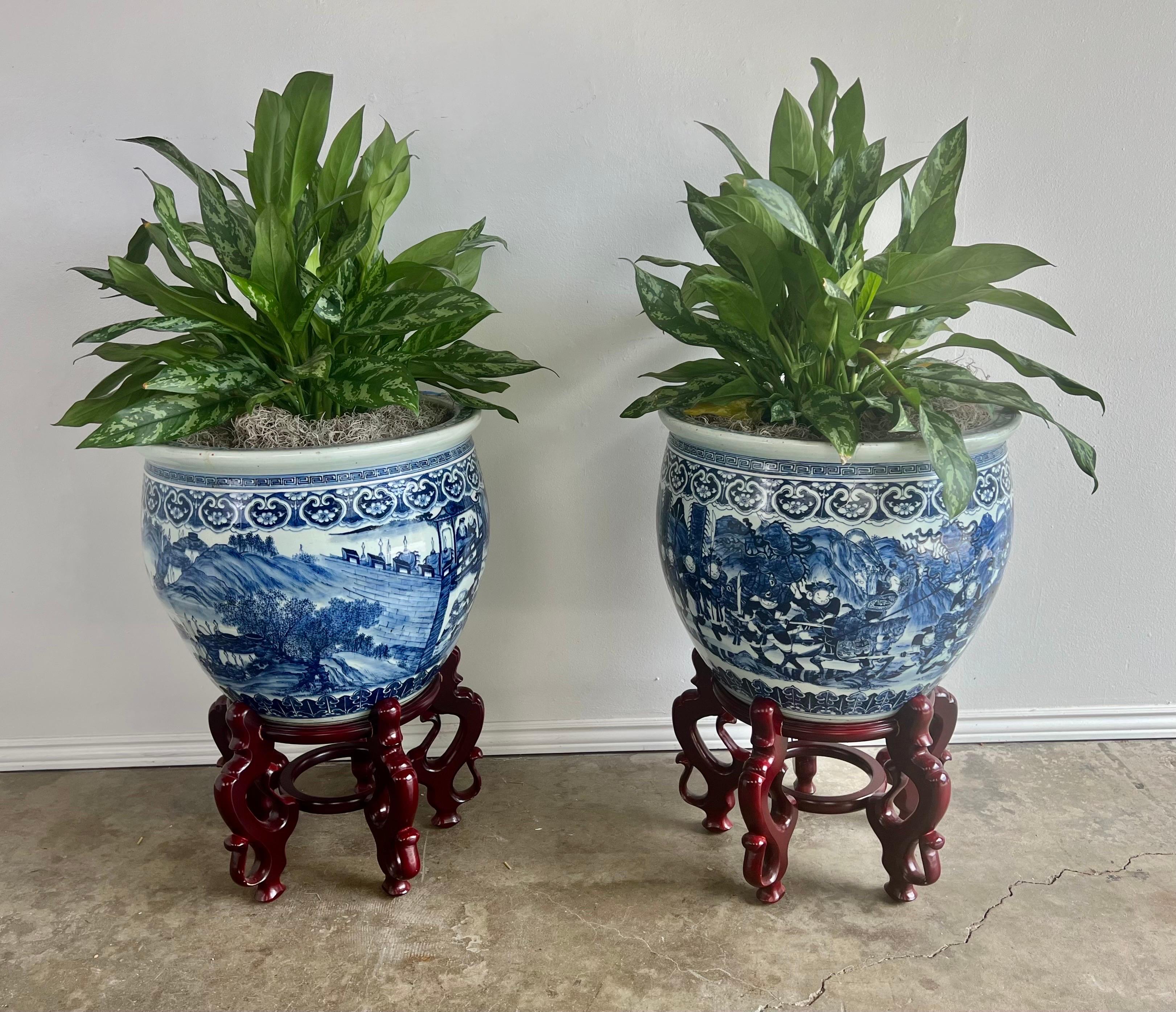Pair of Blue and White Porcelain Planters on Wood Bases-20th Century at ...
