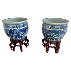 Pair of Blue & White Porcelain Planters on Wood Bases-20th Century