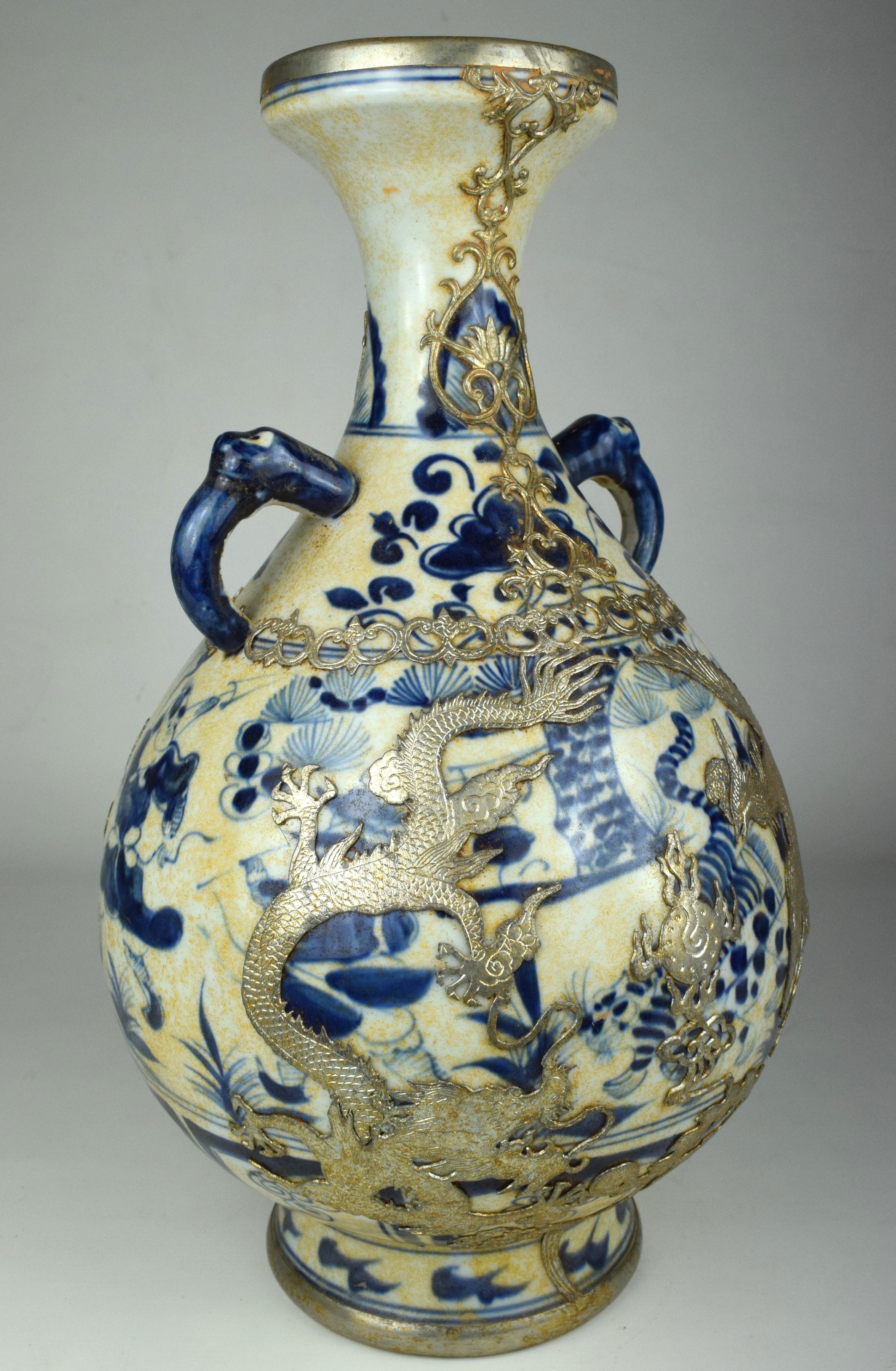 Ming Pair of Blue White Porcelain Vase With Gilt Silver Phoenix Dragons, 20th Century For Sale