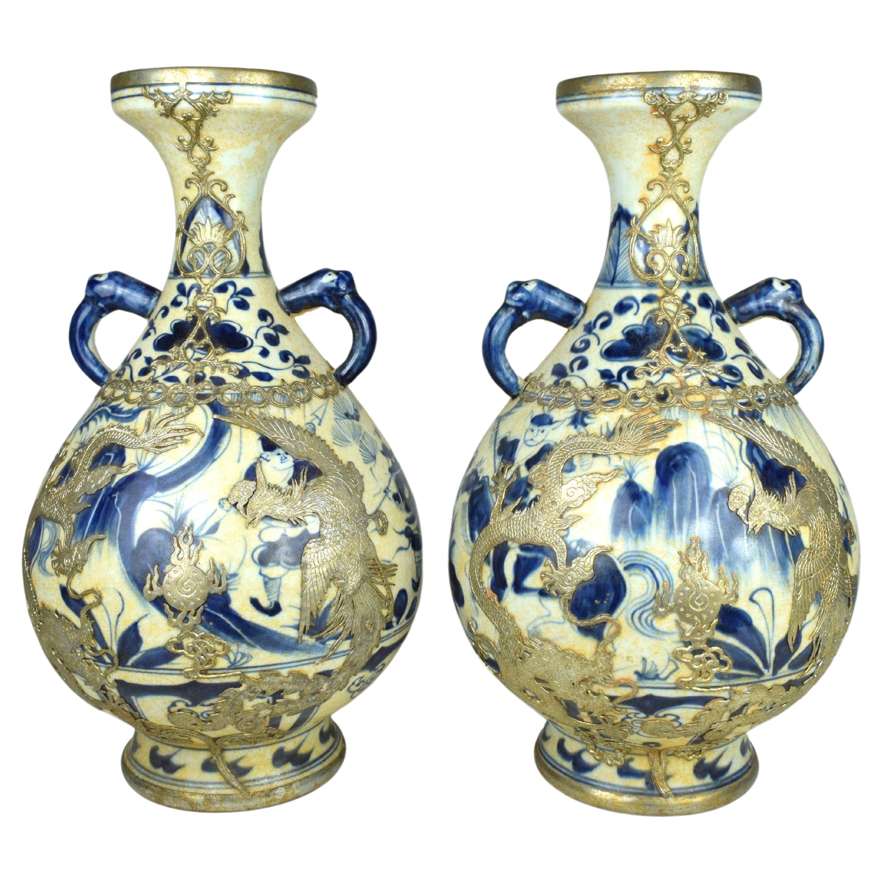 Pair of Blue White Porcelain Vase With Gilt Silver Phoenix Dragons, 20th Century For Sale