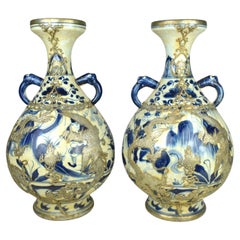 Vintage Pair of Blue White Porcelain Vase With Gilt Silver Phoenix Dragons, 20th Century
