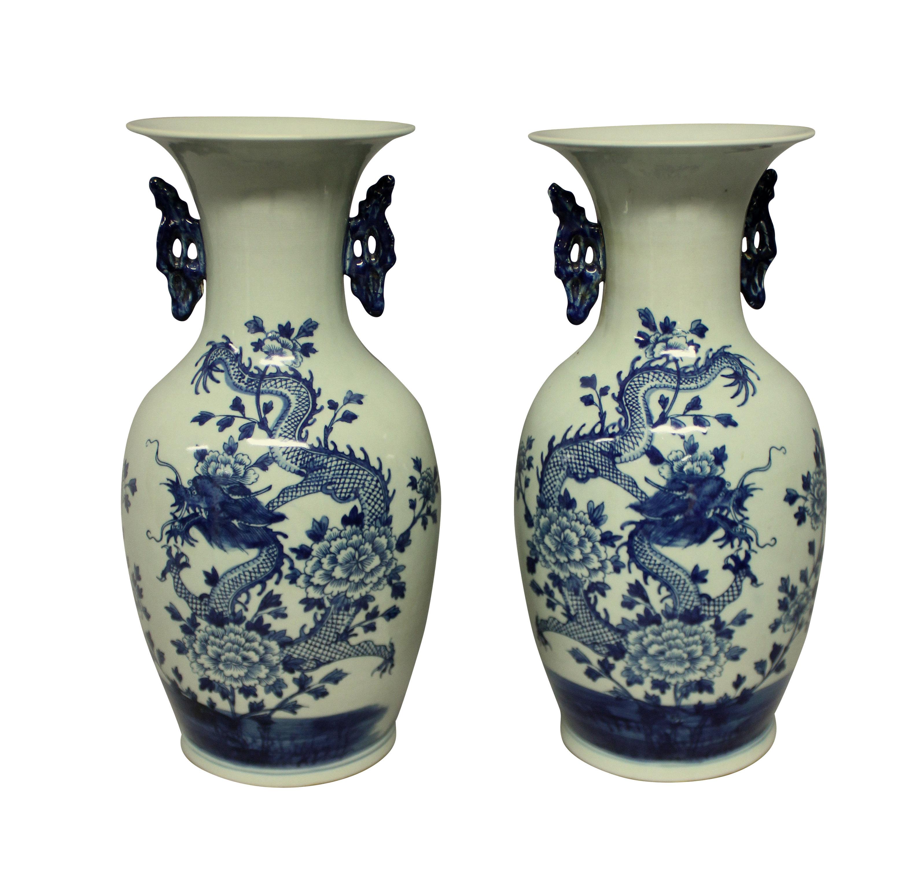 Mid-20th Century Pair of Blue & White Twin Handled Chinese Vases