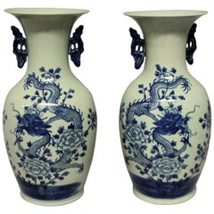 Pair of Blue & White Twin Handled Chinese Vases