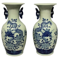 Pair of Blue & White Twin Handled Chinese Vases