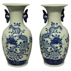 Pair of Blue & White Twin Handled Chinese Vases