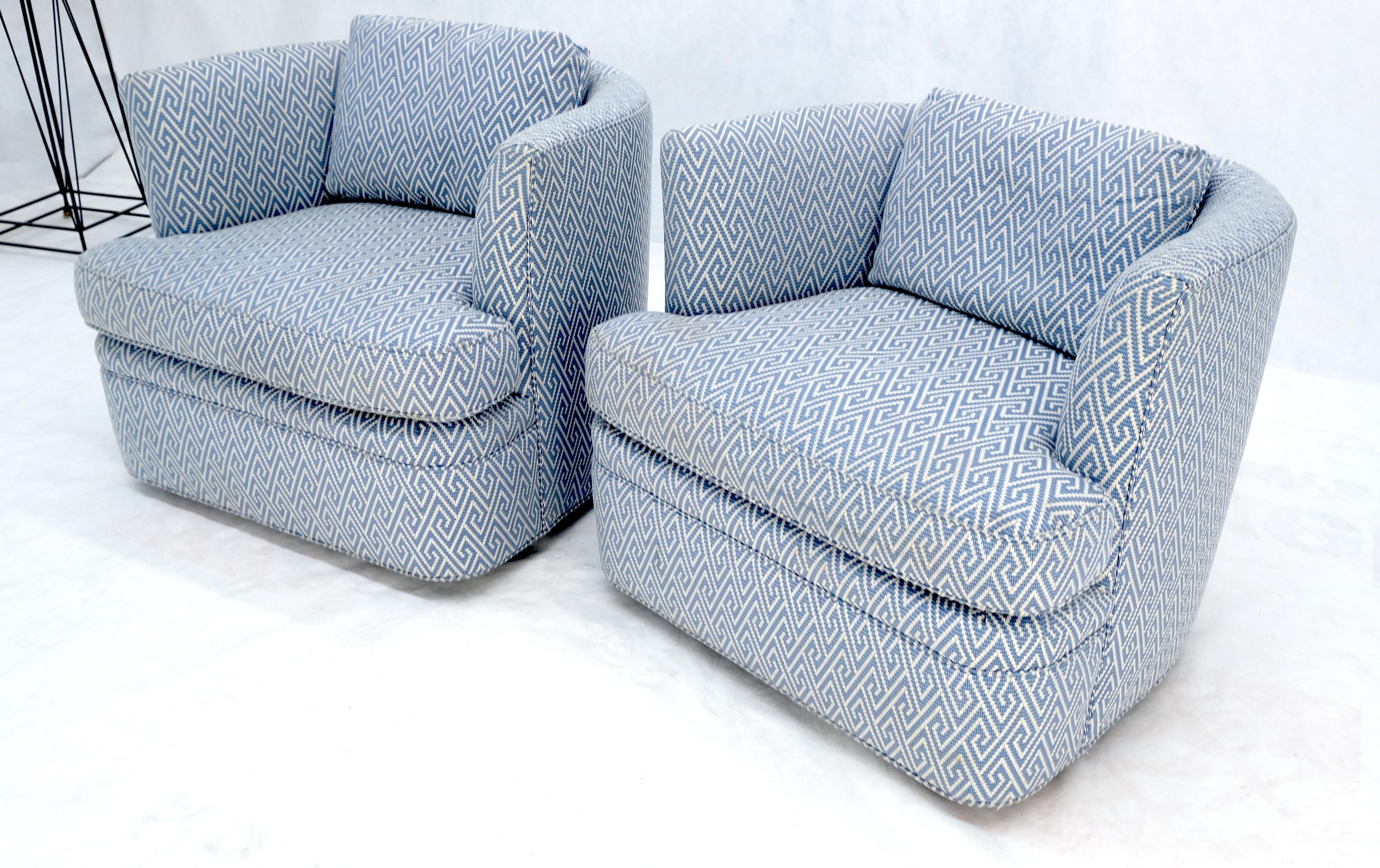 Pair of  Blue & White Upholstery Vintage MCM Barrel Back Swivel Chairs  For Sale 7