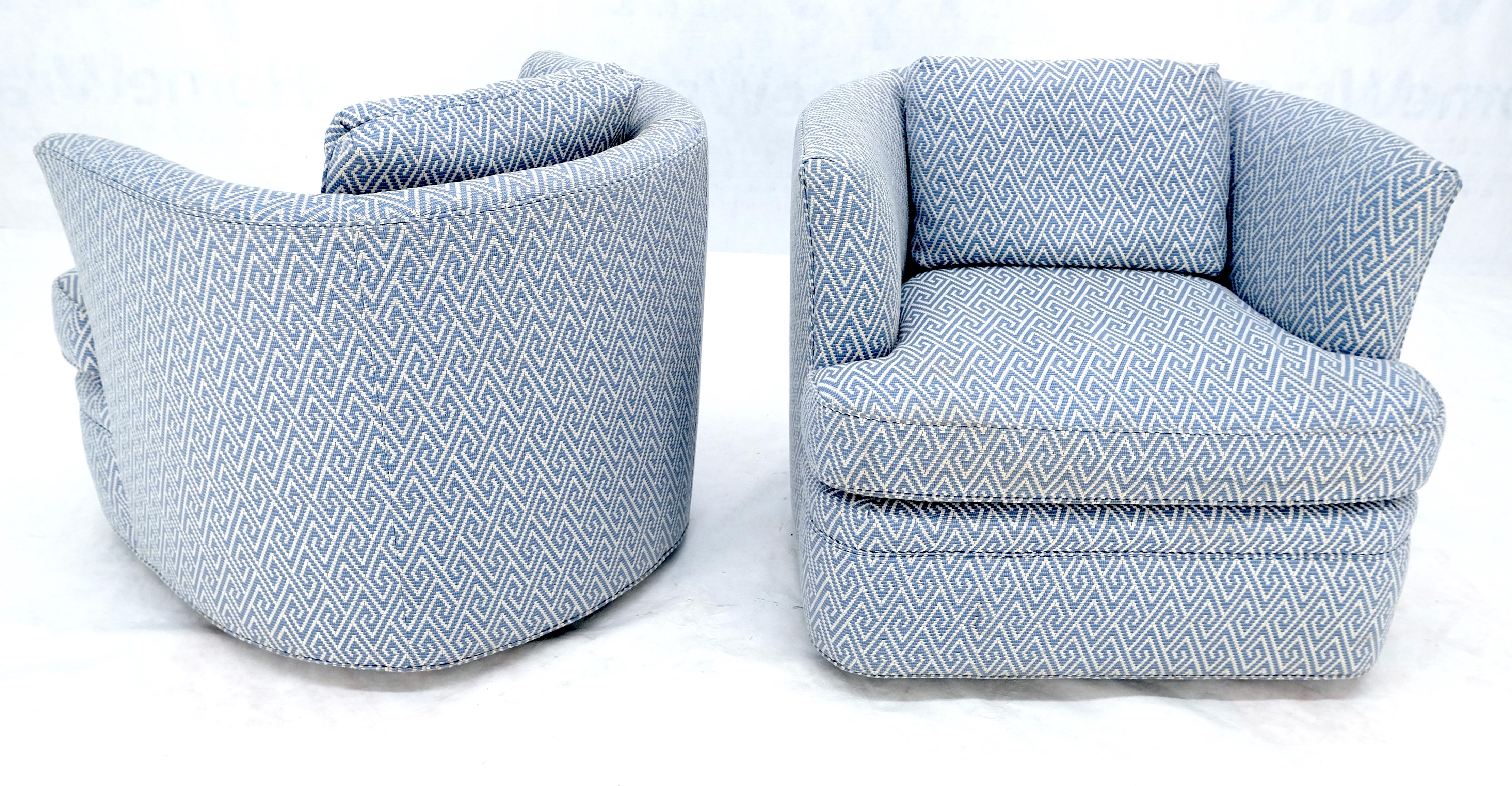 American Pair of  Blue & White Upholstery Vintage MCM Barrel Back Swivel Chairs  For Sale