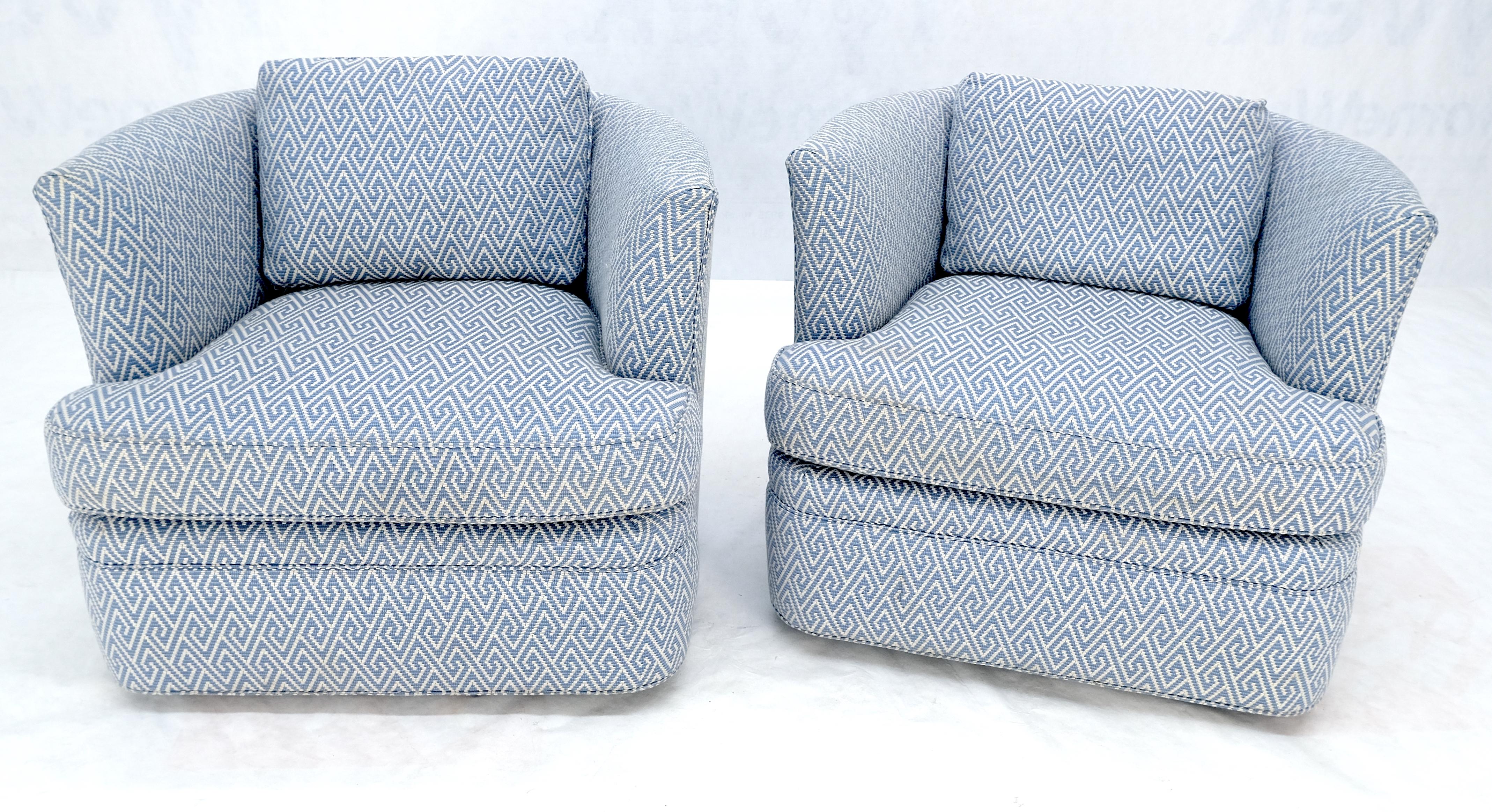 20th Century Pair of  Blue & White Upholstery Vintage MCM Barrel Back Swivel Chairs  For Sale
