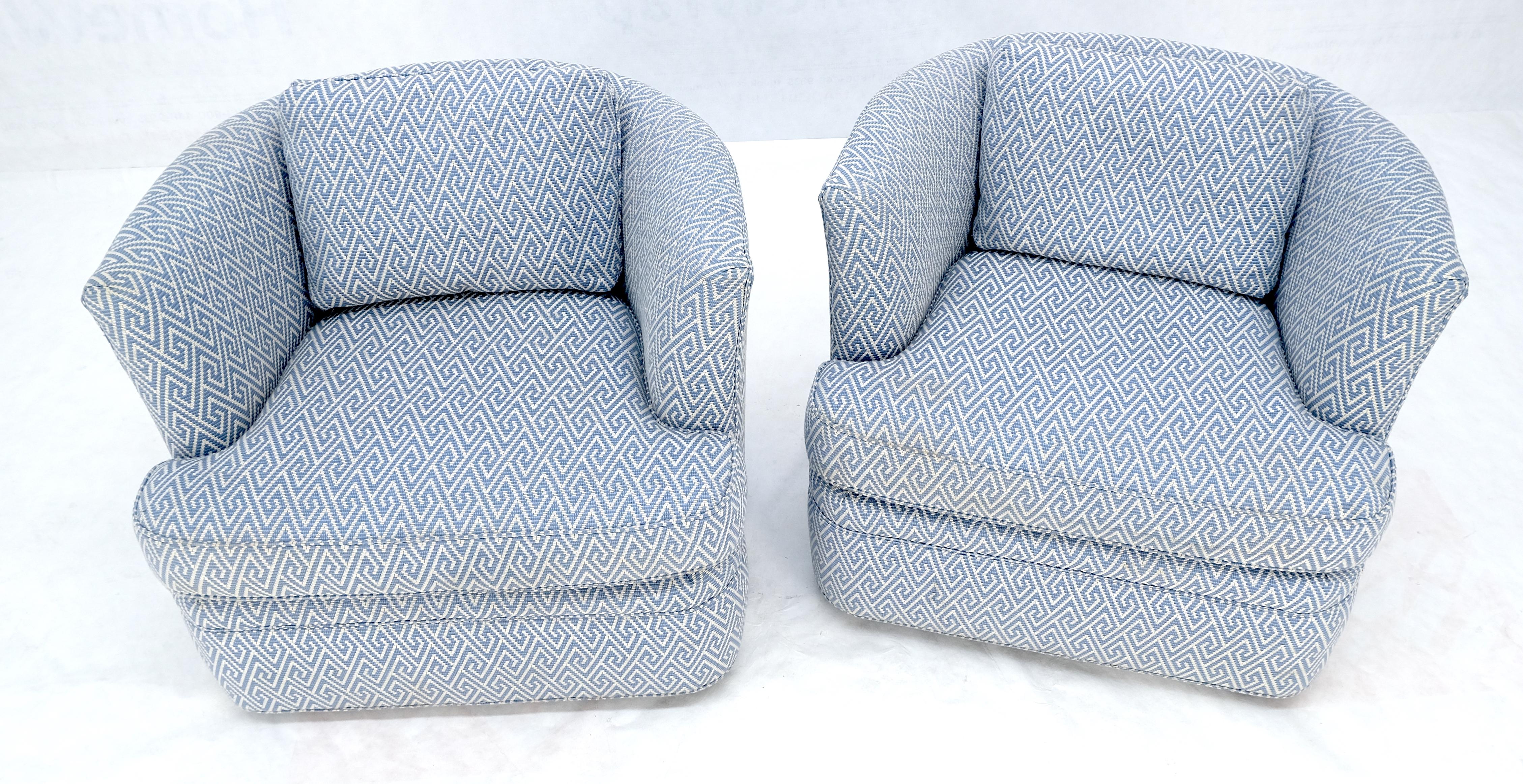 Pair of  Blue & White Upholstery Vintage MCM Barrel Back Swivel Chairs For Sale 1