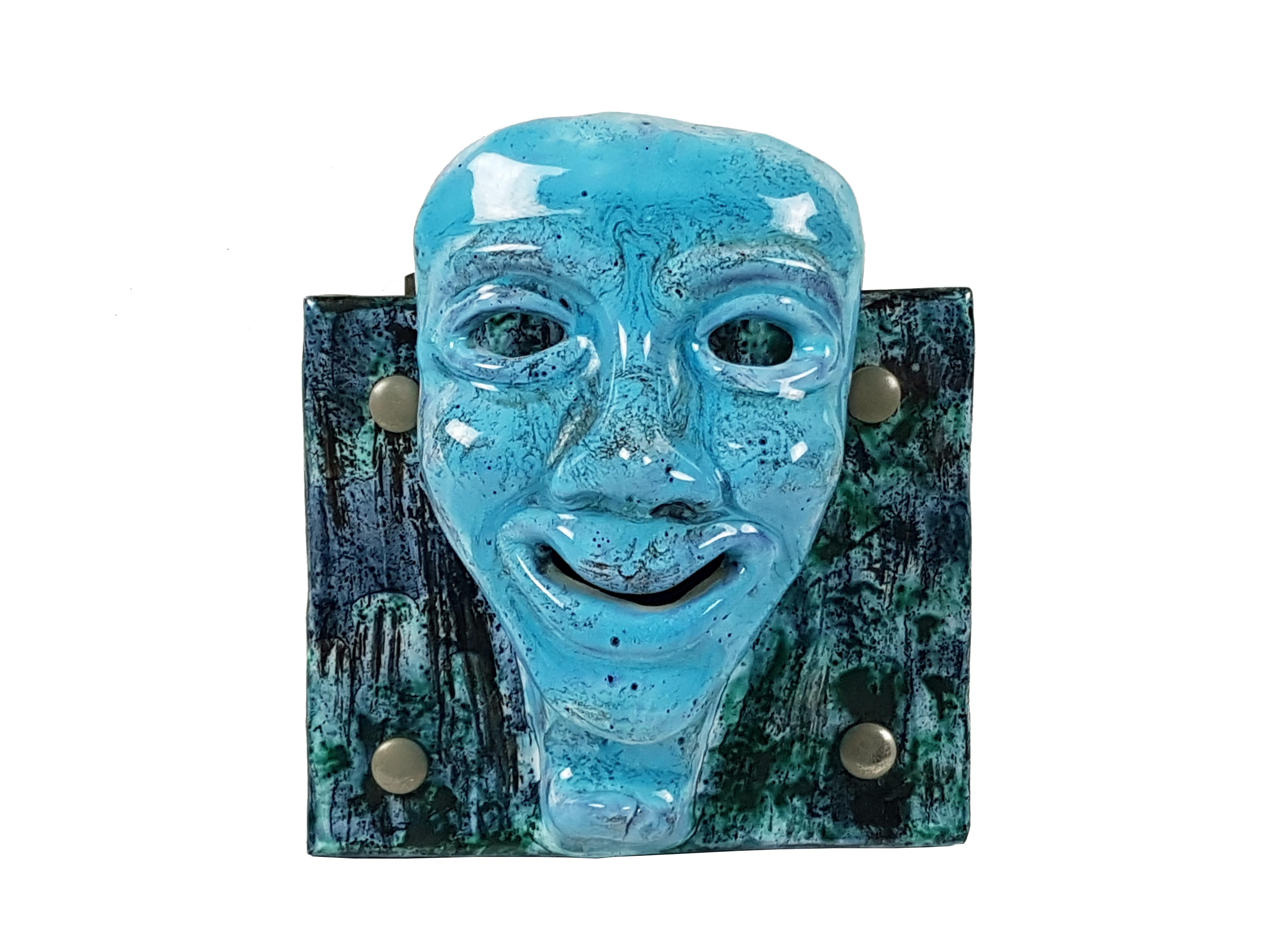 Italian Pair of Blue and Yellow Ceramic Face-Shaped 1950s Wall Hanger by S. Polo For Sale