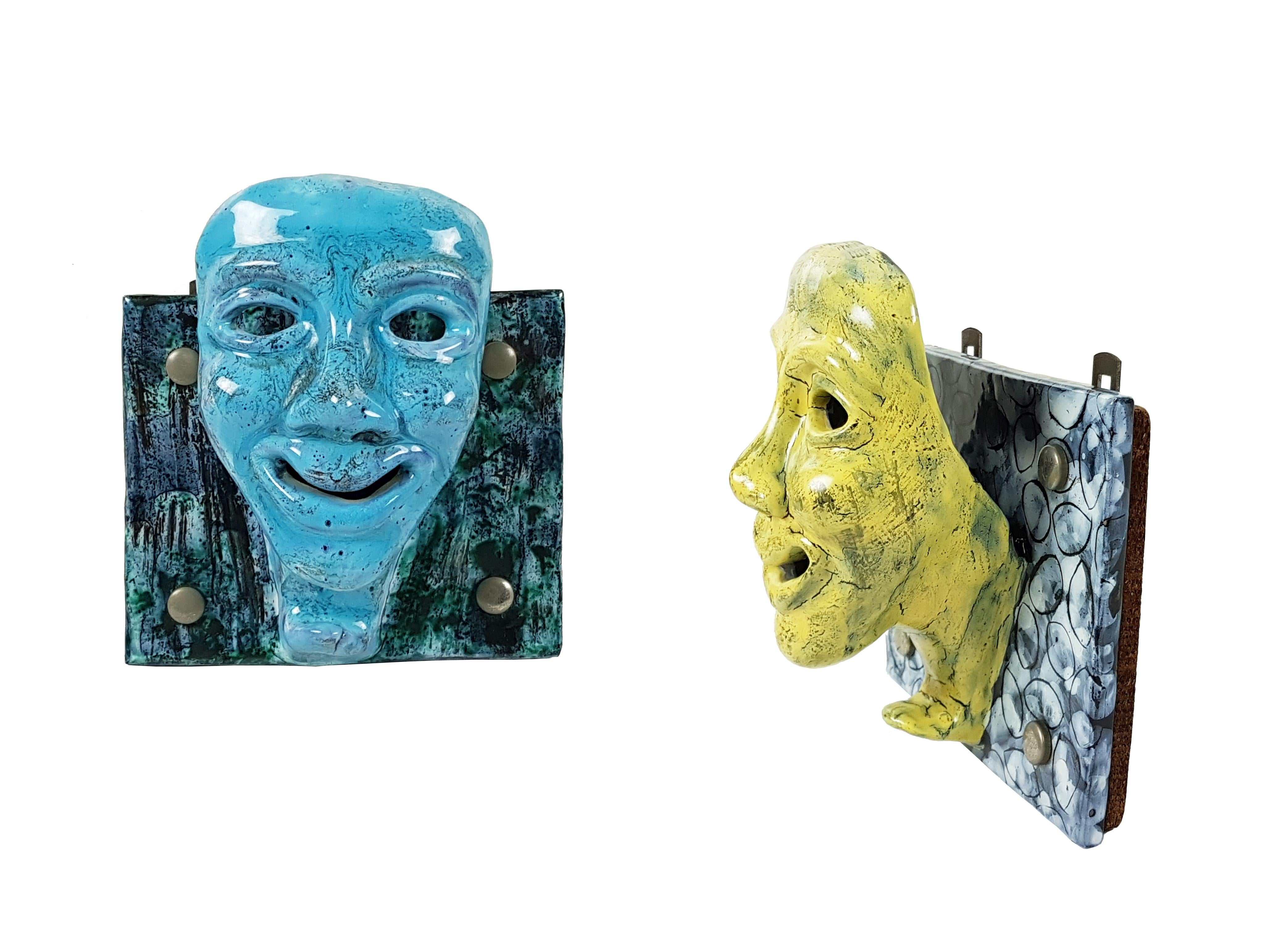 Mid-20th Century Pair of Blue and Yellow Ceramic Face-Shaped 1950s Wall Hanger by S. Polo For Sale