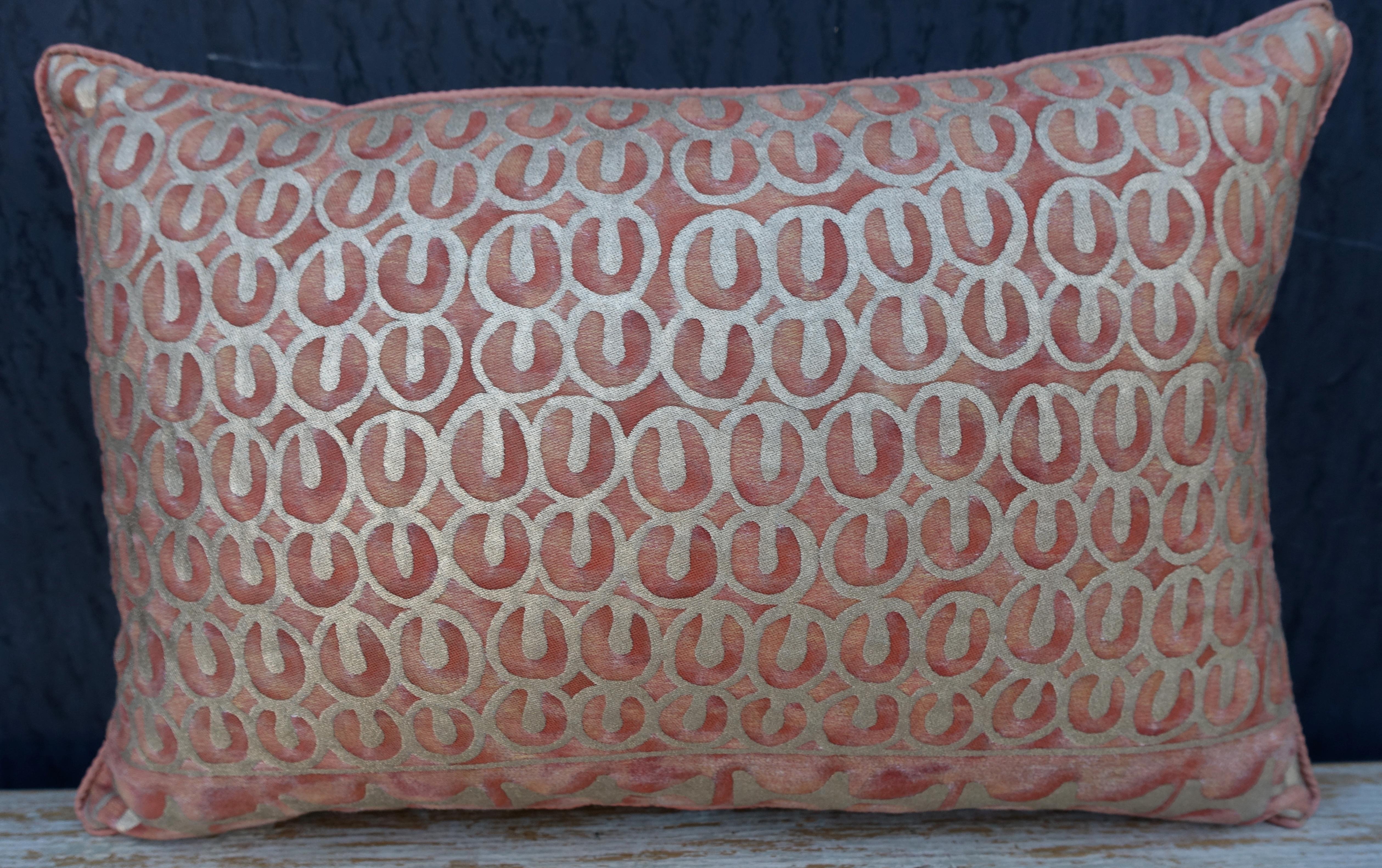A pair of unique custom blush and silvery gold Fortuny textile pillows with blush silk backs and self cord detail. Down and feather inserts, sewn closed. Same Fortuny pattern on pillows but they differ in design per photos.