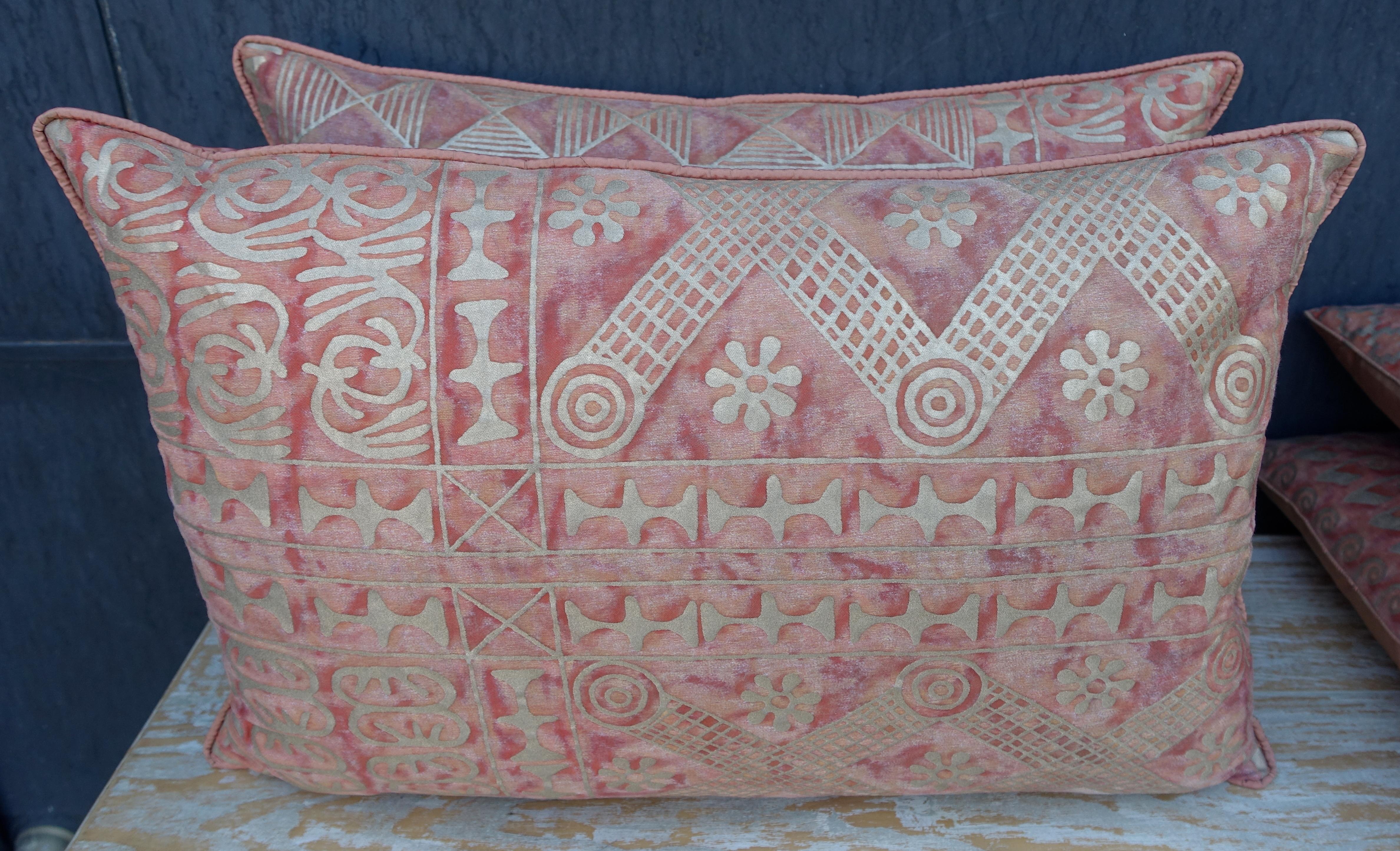 A pair of unique custom blush and silvery gold Fortuny textile pillows with blush silk backs and self cord detail. Down and feather inserts, sewn closed. Fortuny pattern is the same but they have differing designs per photos.
